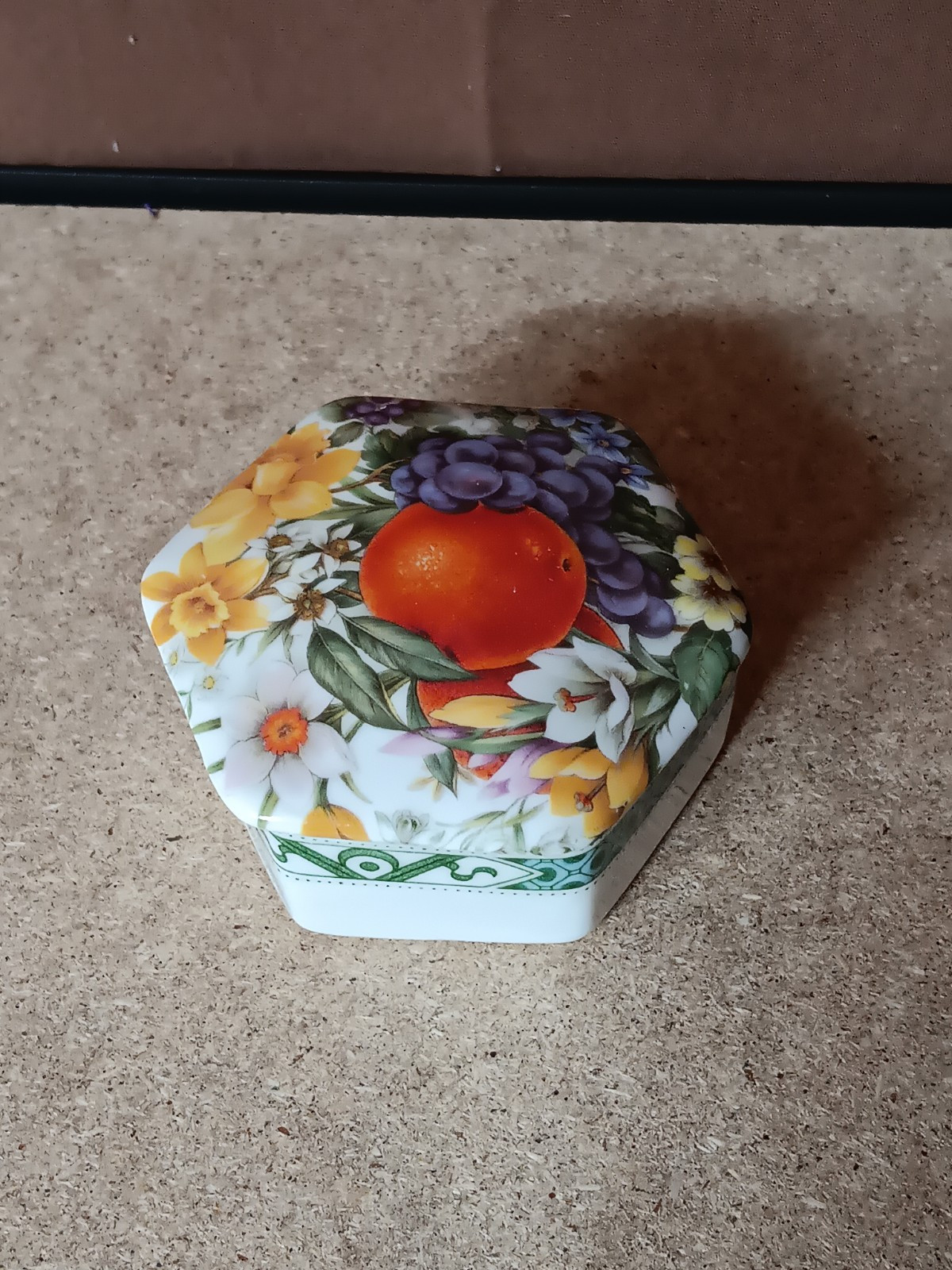 Bone China Hexagon Trinket by Crownford England Fruits & Flowers 2 3/4"