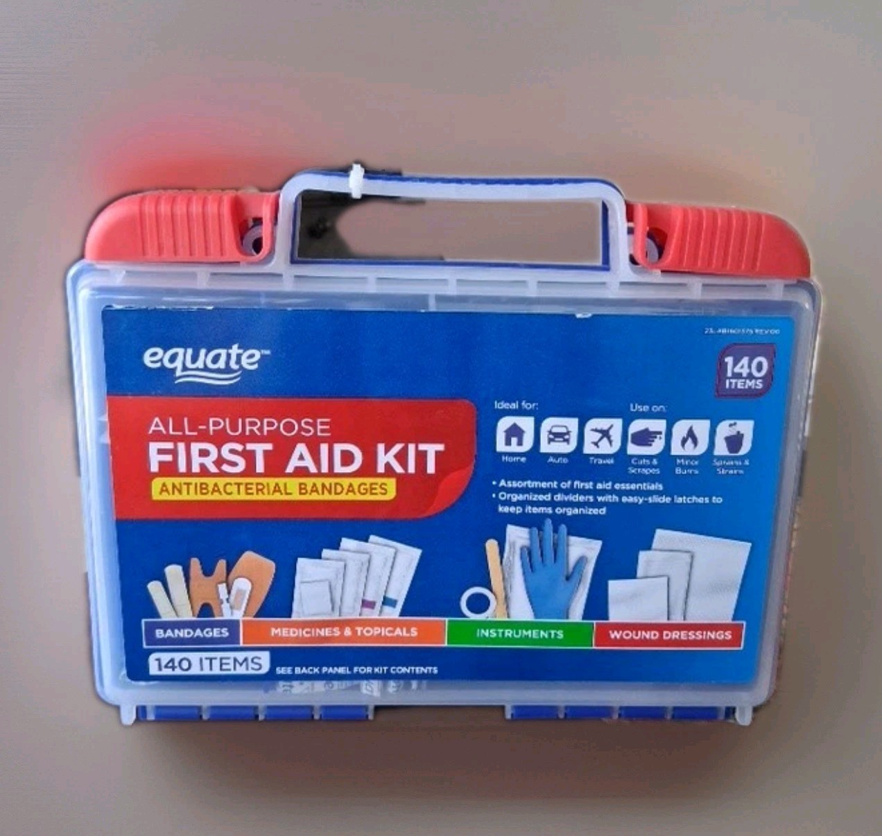 Equate 140pc All Purpose First Aid Kit Durable Plastic Case Essential Items
