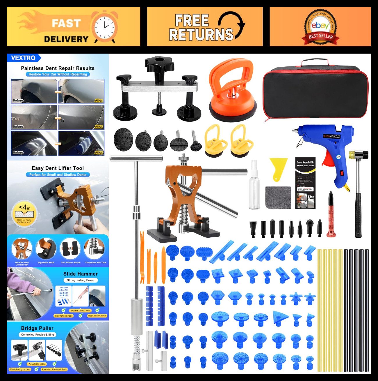 Paintless Dent Repair Kit - Auto Body Dent Puller, Slide Hammer, Hail Damage Too