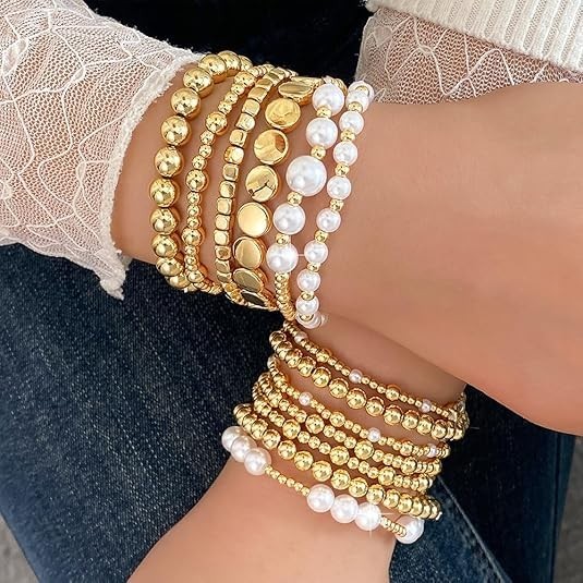 Gold Pearl Beaded Bracelets for Women,Gold Pearl Stackable Stretch Bead