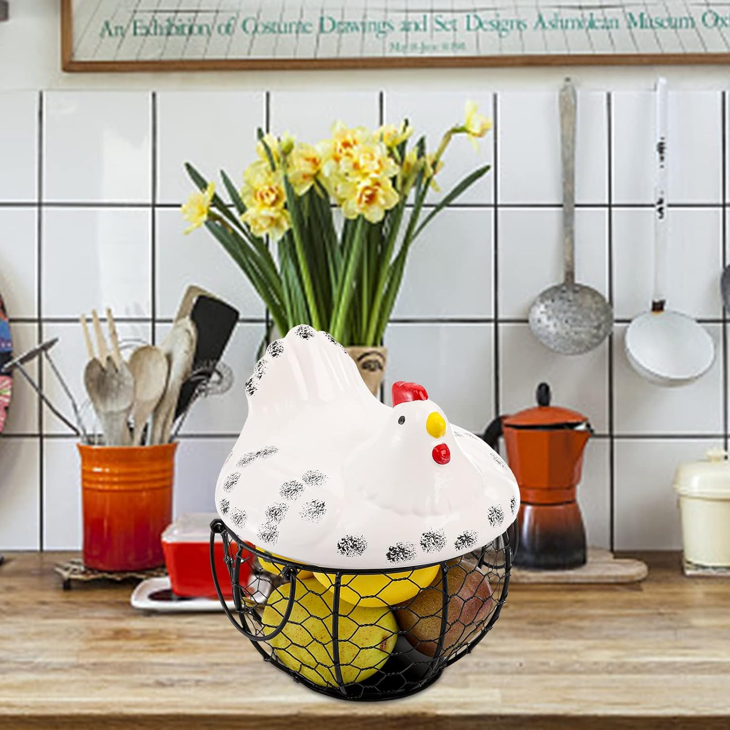 Chicken Egg Basket, Black Wire Egg Collection Baskes with Ceramic Lid for Gat...