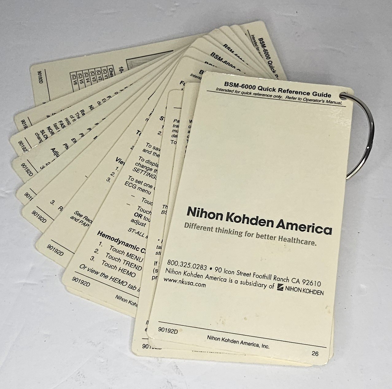 Nihon Kohden BSM-6000 Quick Reference Guide ECG Monitor Flip Cards 90192D