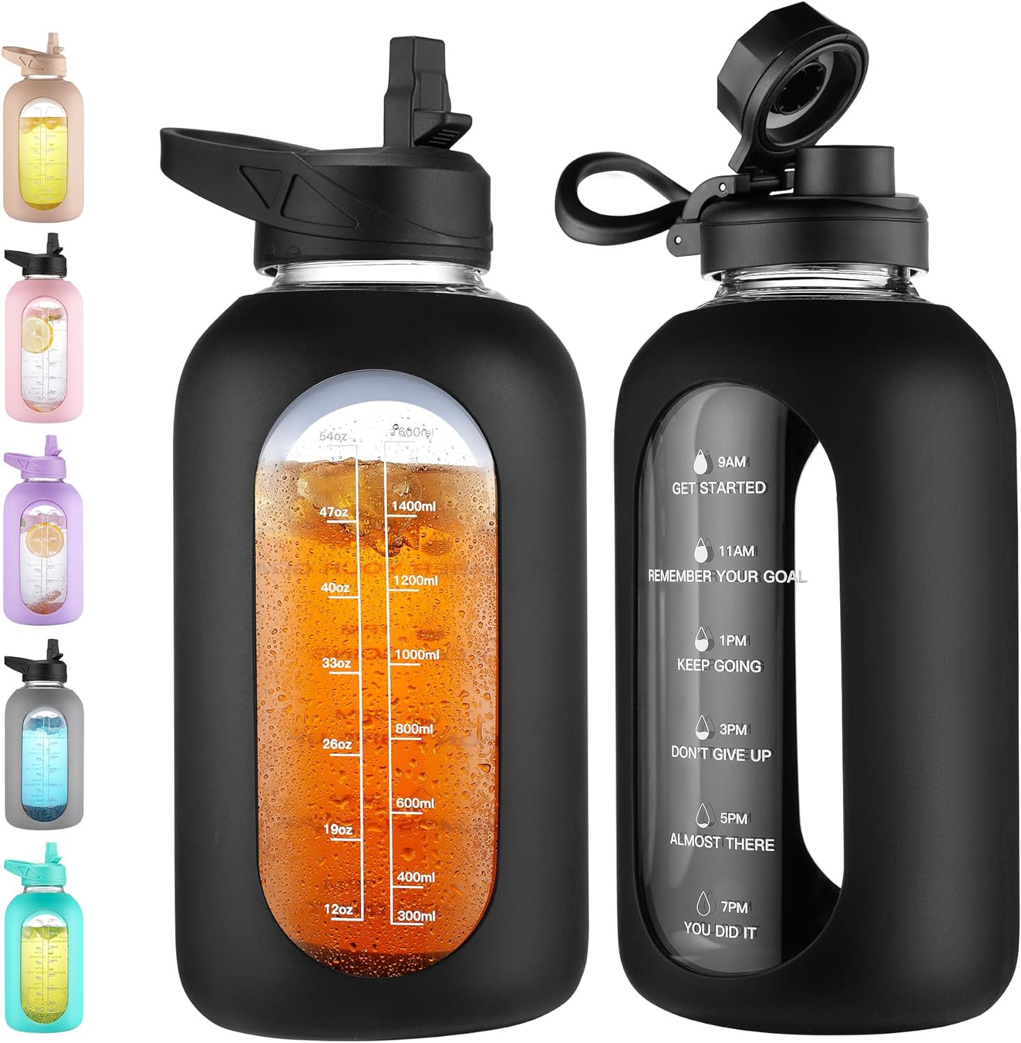 64 Oz Glass Water Bottle Jug with Straw and Handle, Half Gallon Sports Motivatio