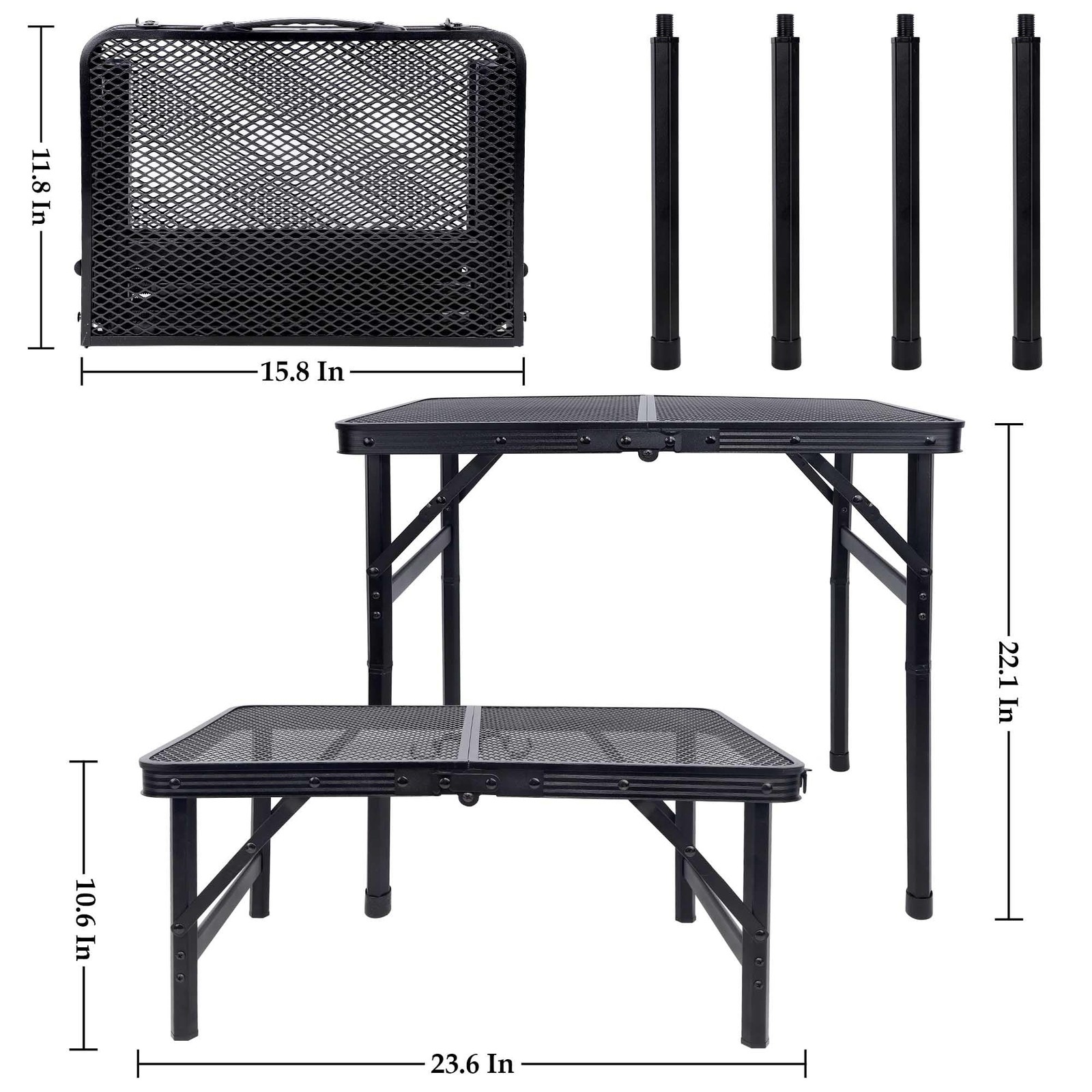 FORUP Small Folding Camping Table w/ Mesh Desktop, Portable, Adjustable Height