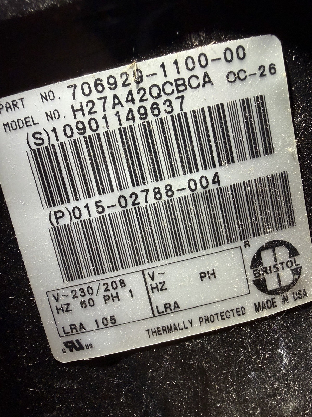 Bristol 3-1/2 HP, 208-230V, 1 PH, Hermetic (Reciprocating) Compressor