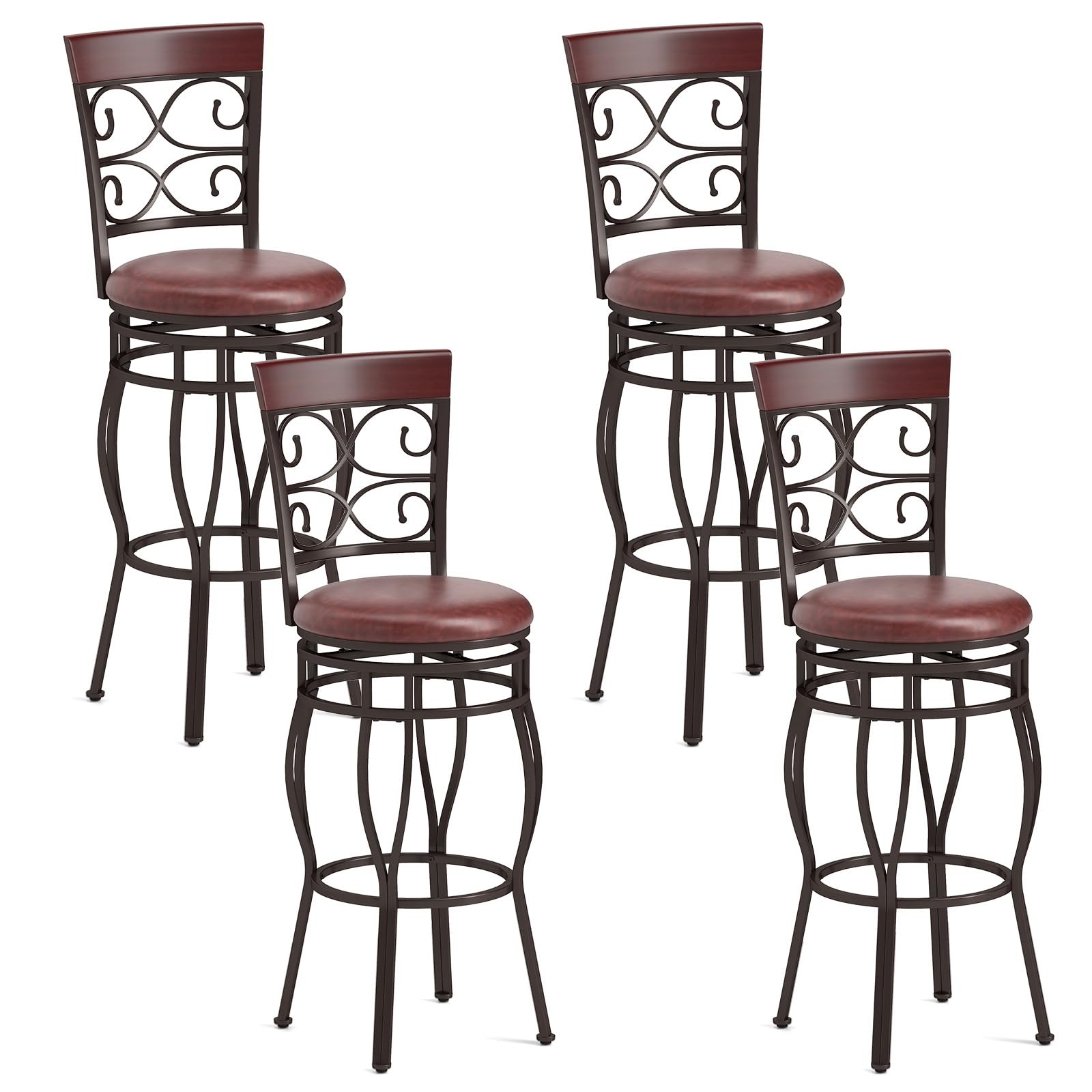 30" Swivel Bar Stools Set of 4, Bar Height Bar Stools w/Back, Upholstered PU ...