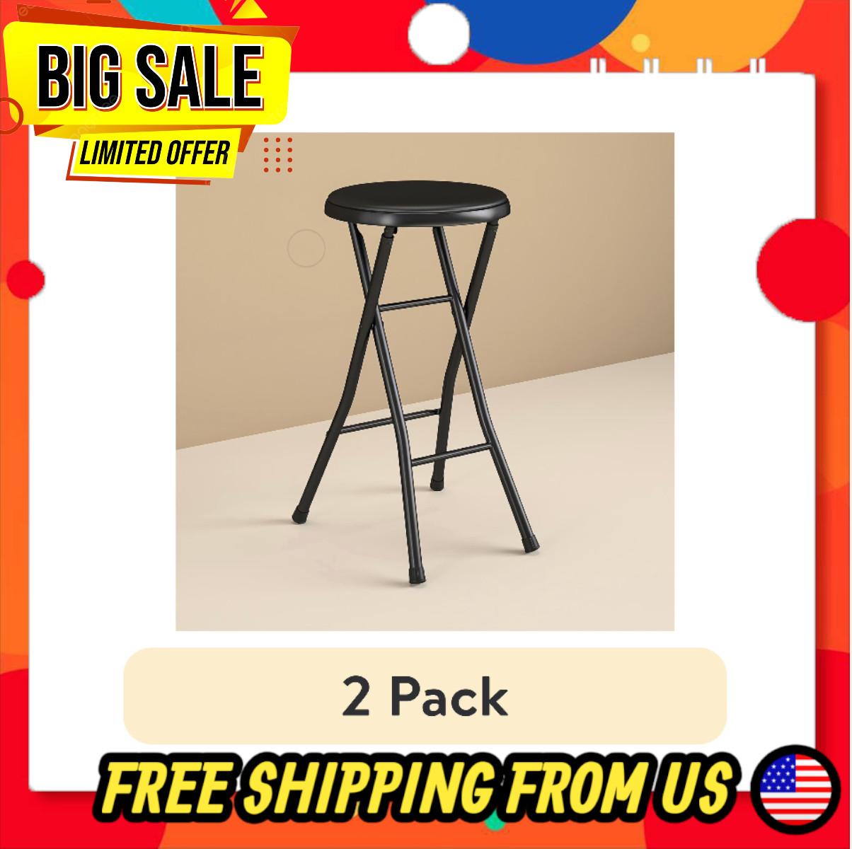 (2 pack) Mainstays 24" Vinyl Padded Folding Stool, Black