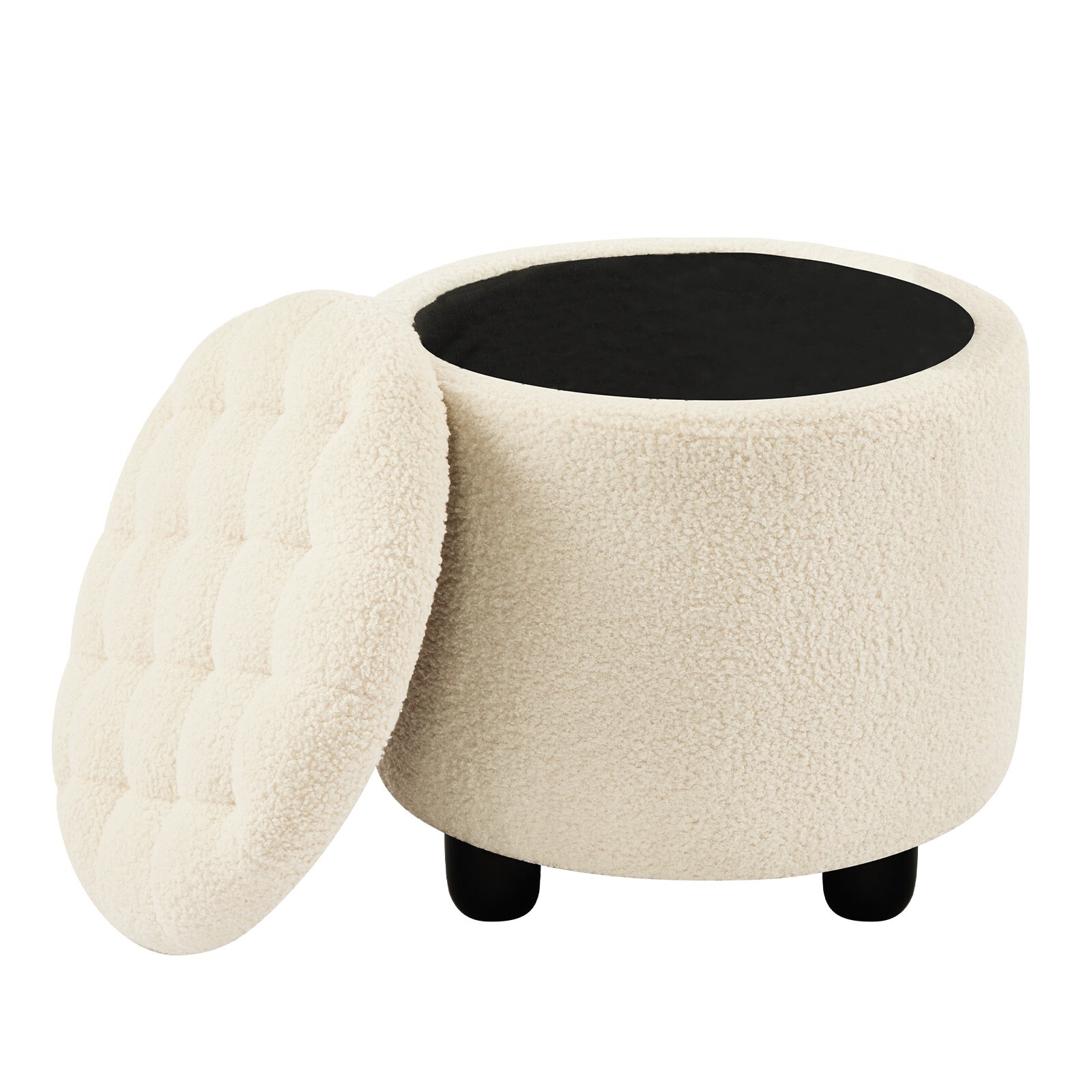 Sherpa White Button Tufted Accent Storage Ottoman Upholstered Circle Pouf Foots