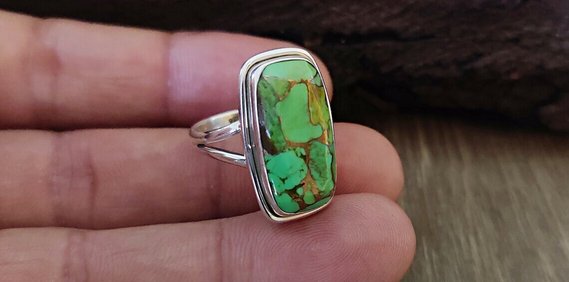 Good-Looking Copper Turquoise Gemstone 925 Sterling Silver Ring All Size