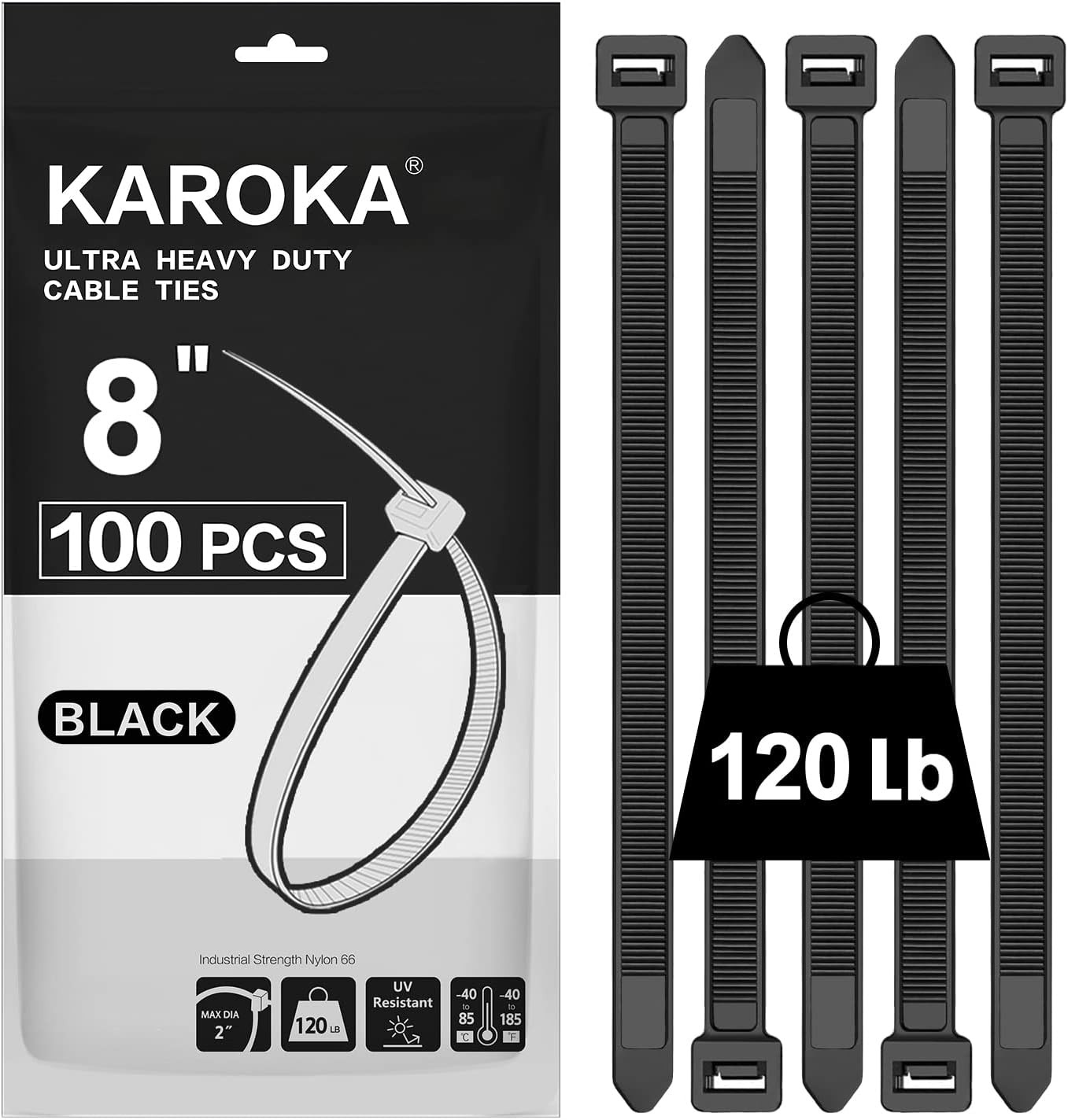 Zip Ties 8 Inch Heavy Duty Zip Ties with 120 Pounds Tensile Strength, Black Cabl