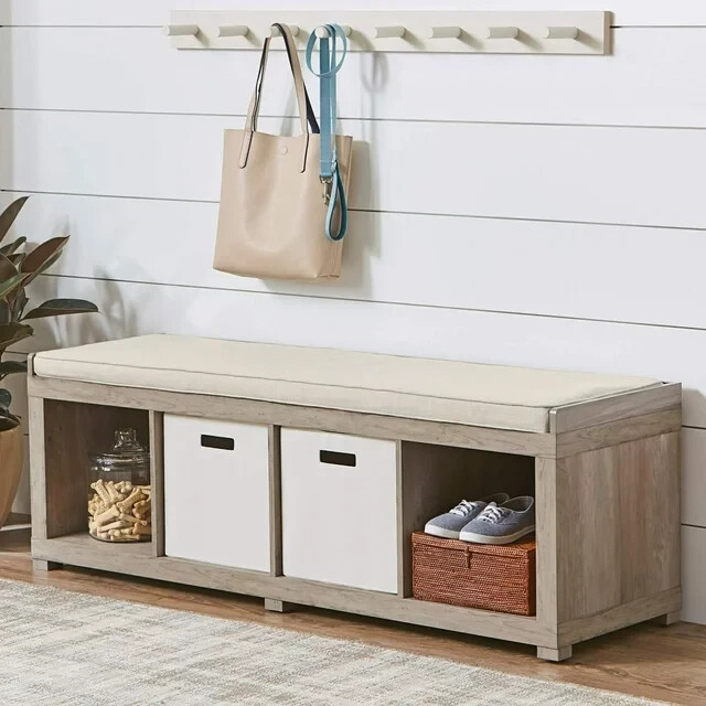 4-Cube Entryway Wood Storage Bench with Upholstered Sitting Cushion, Rustic Gray