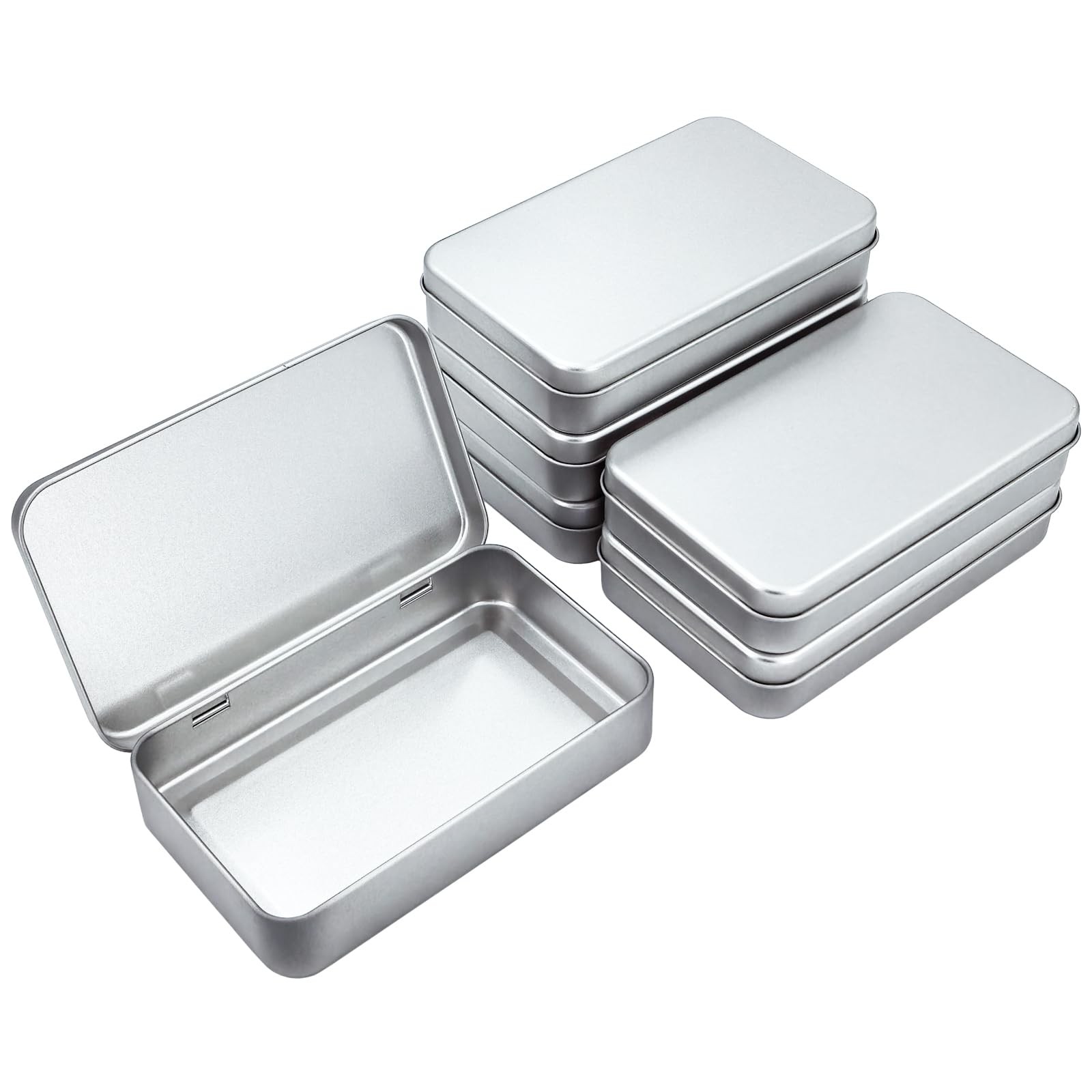 6 PCS Silver Rectangular Metal Tins, 5.9x3.5x1.2, Hinged, Storage Box