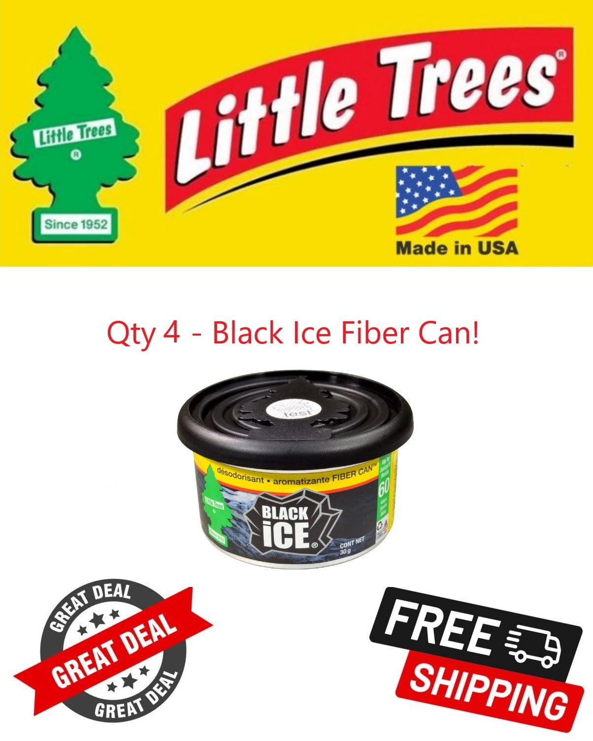 Little Trees Black Ice Scented Fiber Can Air Freshener for Home & Car 4 PACK!