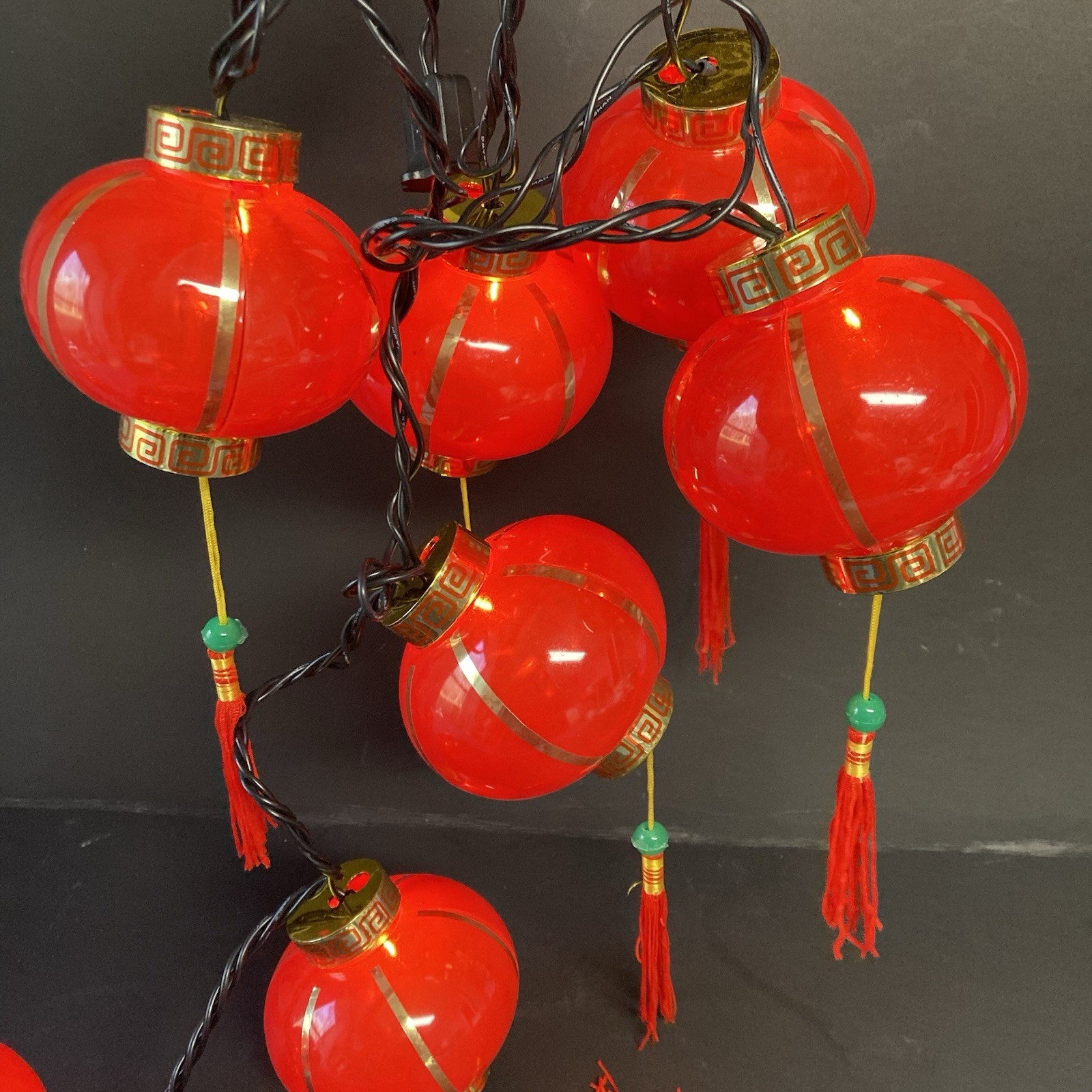 Vintage Plastic Chinese Lantern String Lights Red Gold Tassels