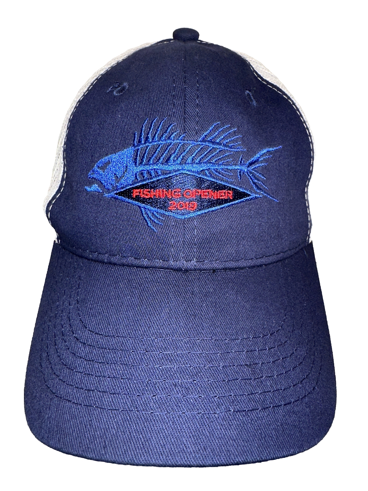 Fishing Opener 2019 Hat Cap Blains Farm and Fleet Navy w White Mesh Hook Loop