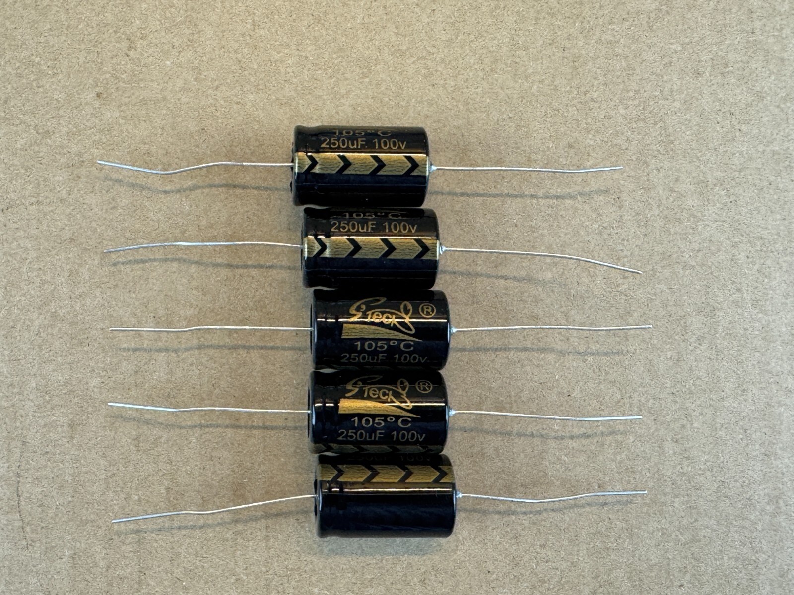 5pc Electrolytic Capacitor Axial 2000hr +105℃ RoHS 250uF 100V φ16x26mm Supertech