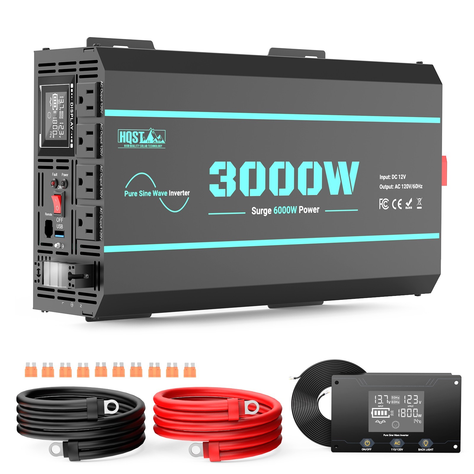 HQST 3000W 12V Pure Sine Wave Inverter with LCD Display and Wired Remote Control