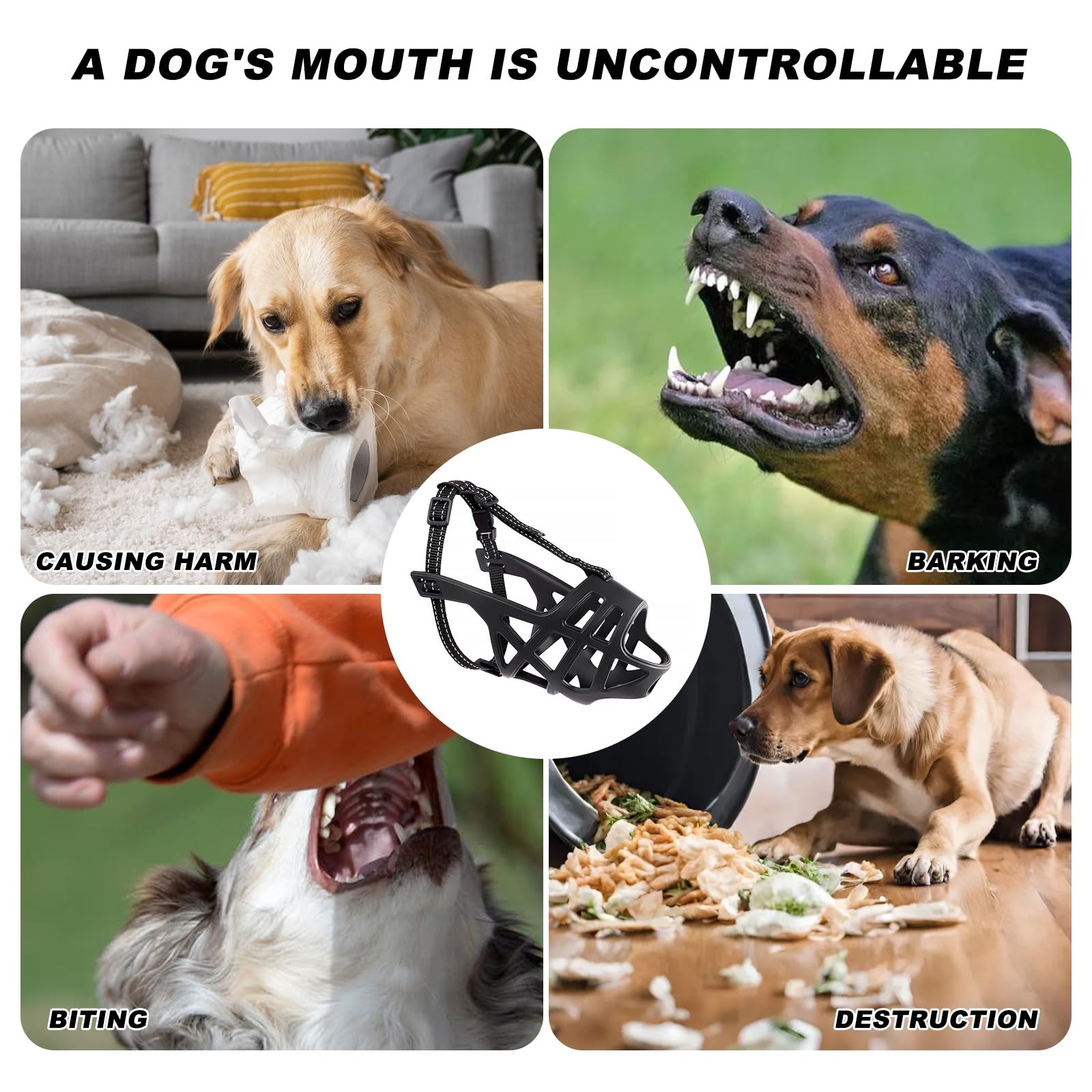 Breathable Basket Dog Muzzle - Adjustable for Small to X-Large S/M, Black