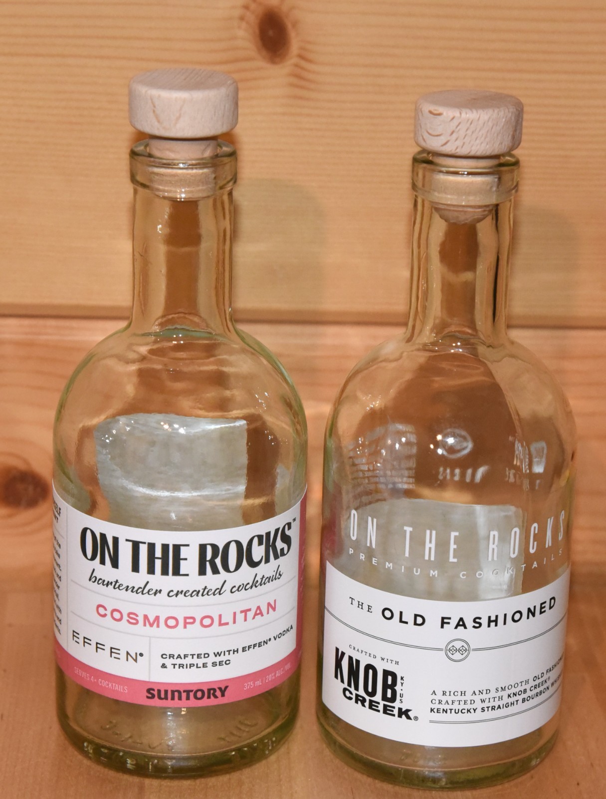 On The Rocks Drink Bottles (2) - Empty 375 ml Wood Stoppers Cosmo/Old Fashioned