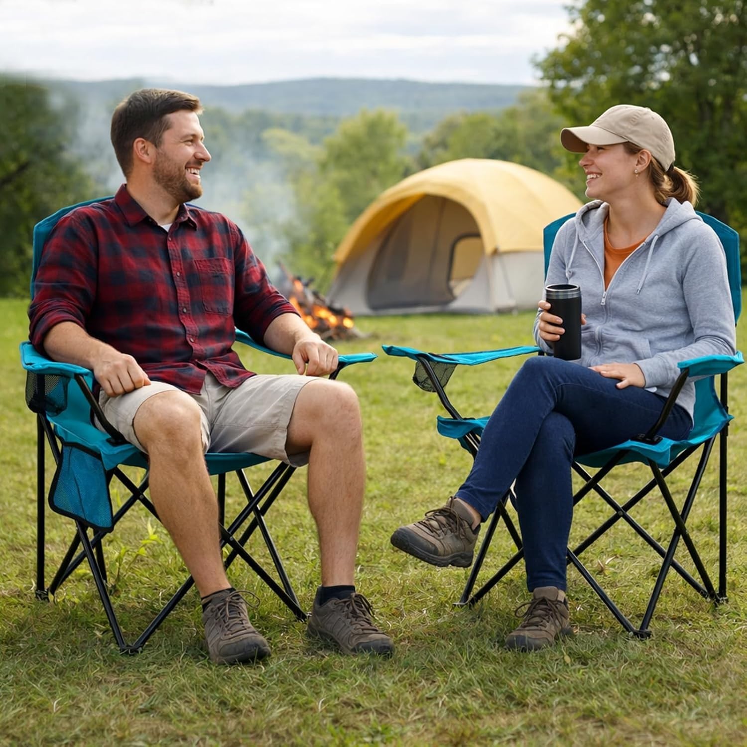 High Back Folding Camping Chair - 300lbs Capacity, Cup Holder, Portable in Blue