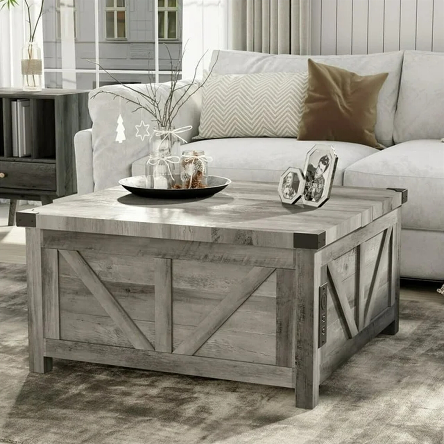 35.6" Farmhouse Lift Top Coffee Table, Square Center Table with Charging Statio