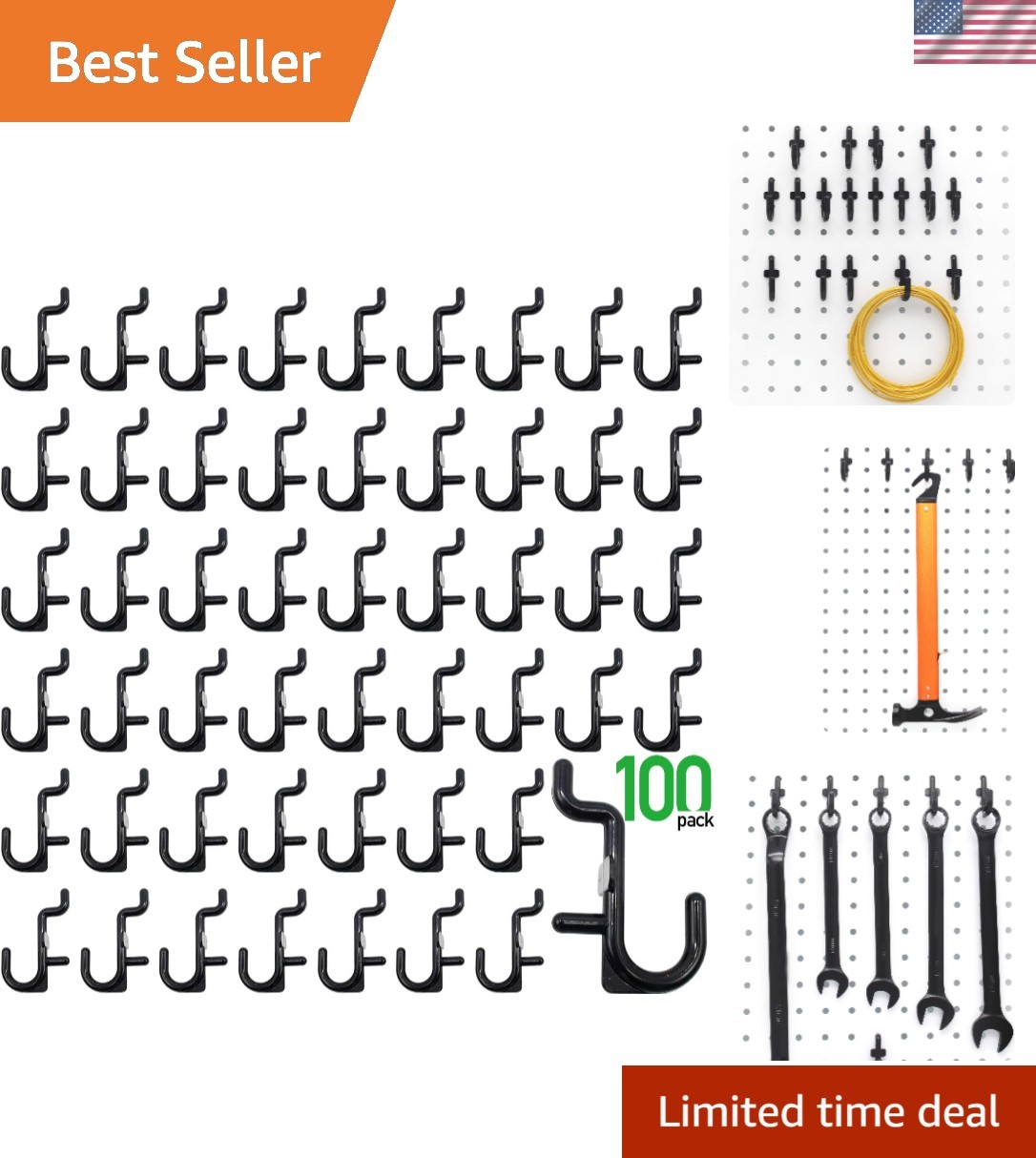 Pegboard Hooks Kit Pegboard J Hook Assortment 100PK Black Peg Hooks