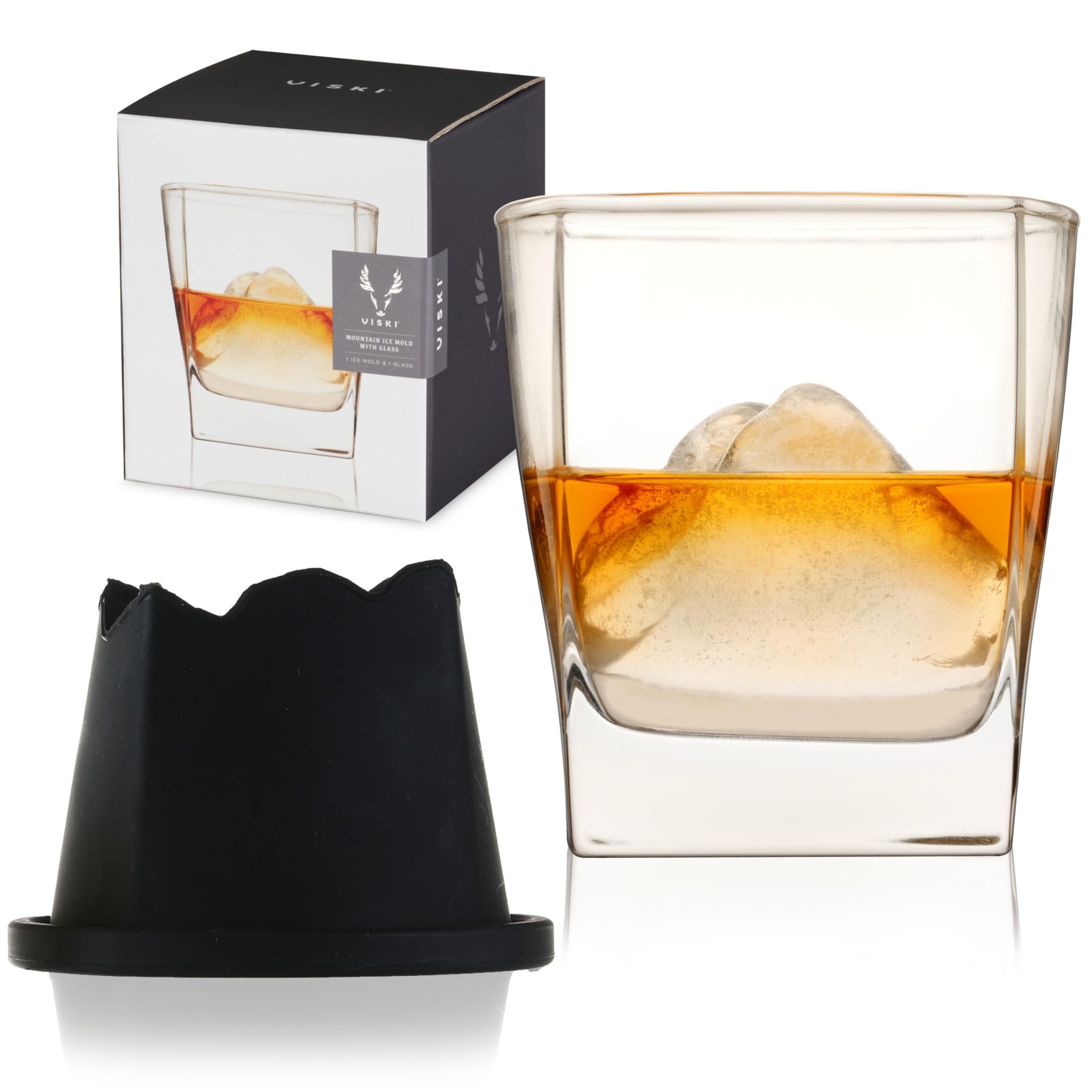 Viski Mountain Silicone Ice Mold with 9.5 oz Whiskey 2-Piece Set, Black