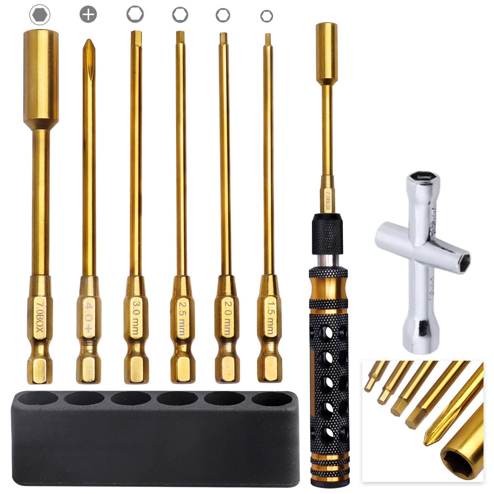 Precision RC Hex Driver Set with 1.5-3.0mm Bits 7mm Nut Driver and Cross Tip