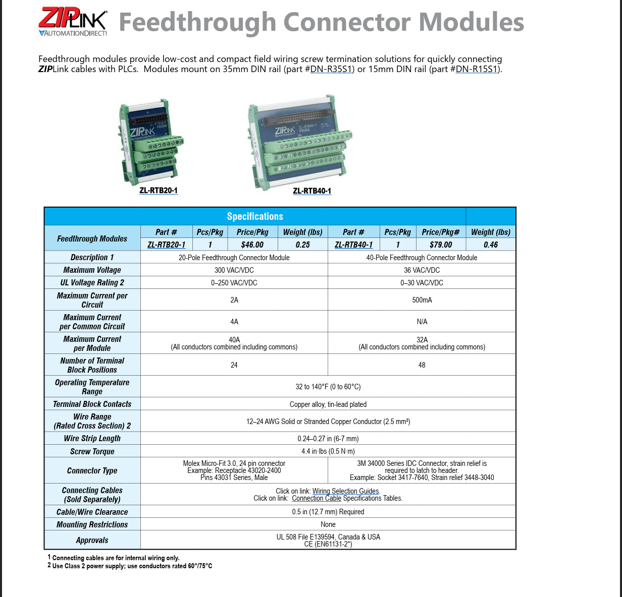 ZIP Link ZL-RTB20-1 reduced-width feedthrough module, 24-pole Automation Direct