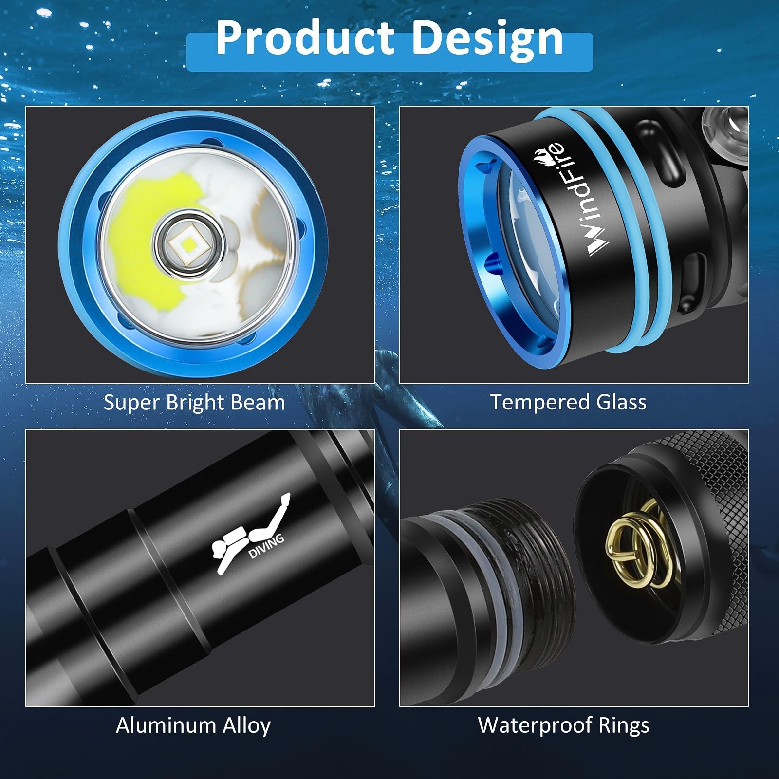 WINDFIRE Dive Light – Super Bright Rechargeable Diving Flashlight with 4 M