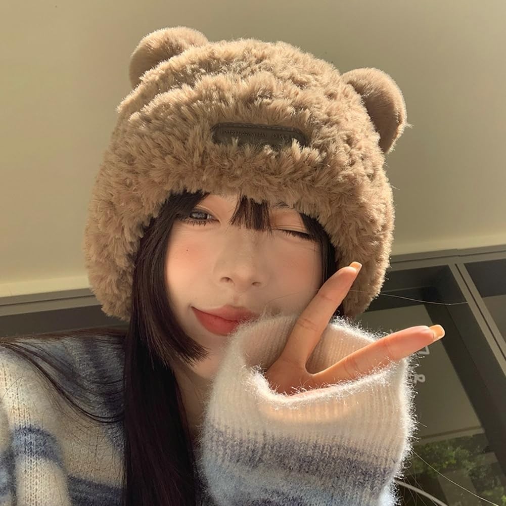 Y2K Beanie Hat for Women Cute Fuzzy Bear Ear Beanie Hat Furry Slouchy Faux Fu...