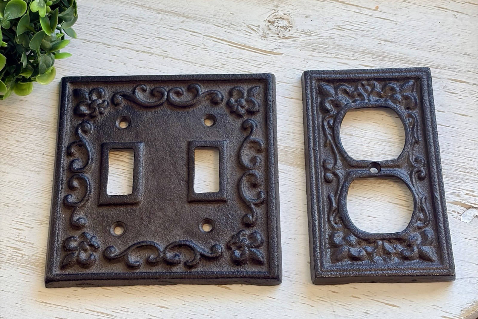 Vintage Cast Iron Bronze Toggle & Duplex Outlet Cover Plate Decorative Set