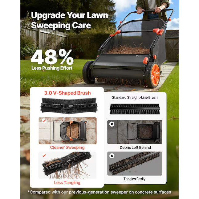 VEVOR 26" Push Lawn Sweeper w/ 7 cu.ft Hopper & Adjustable Brushes