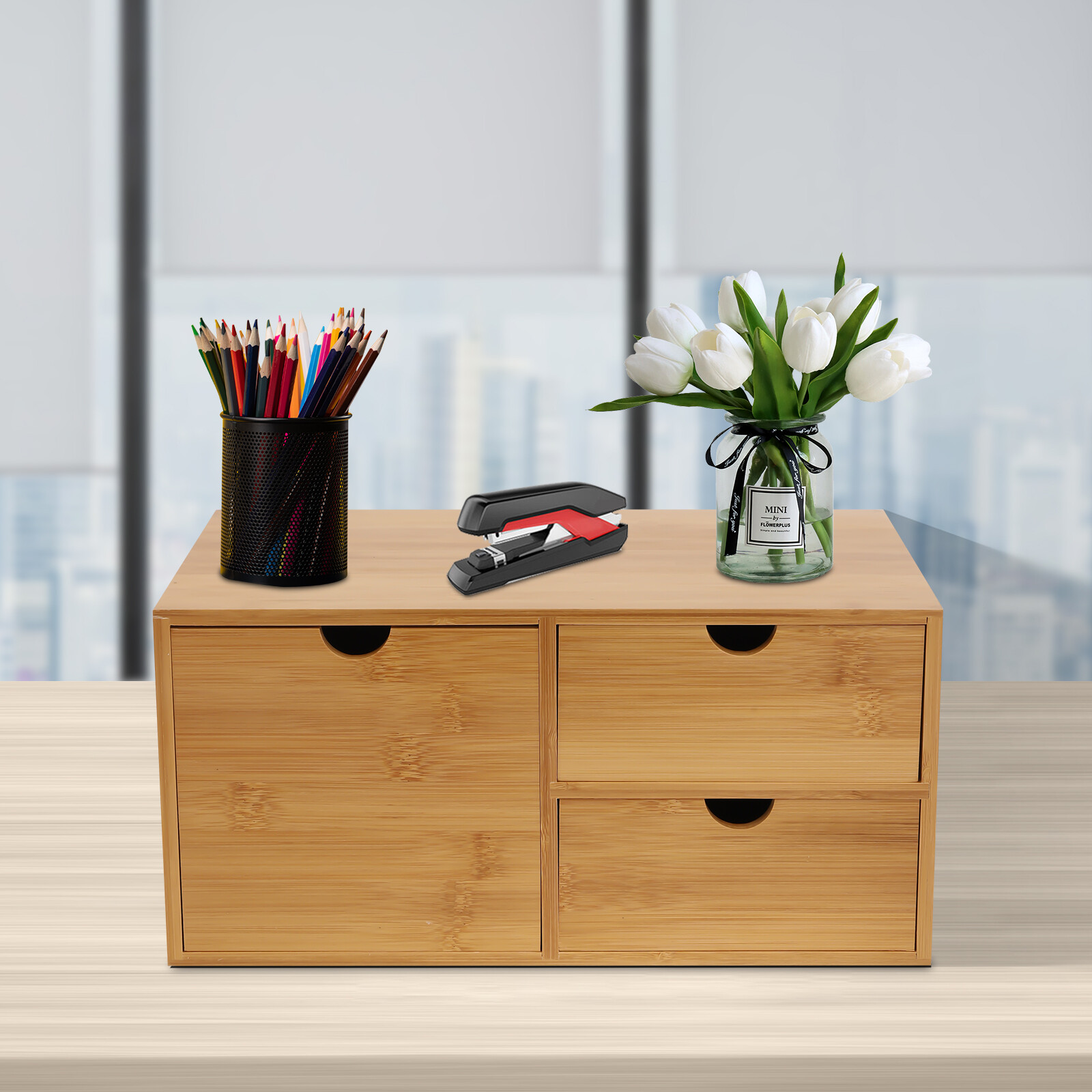 Office Desk Organizer Drawers Desktop Storage Bamboo Box Storage Recess Handle