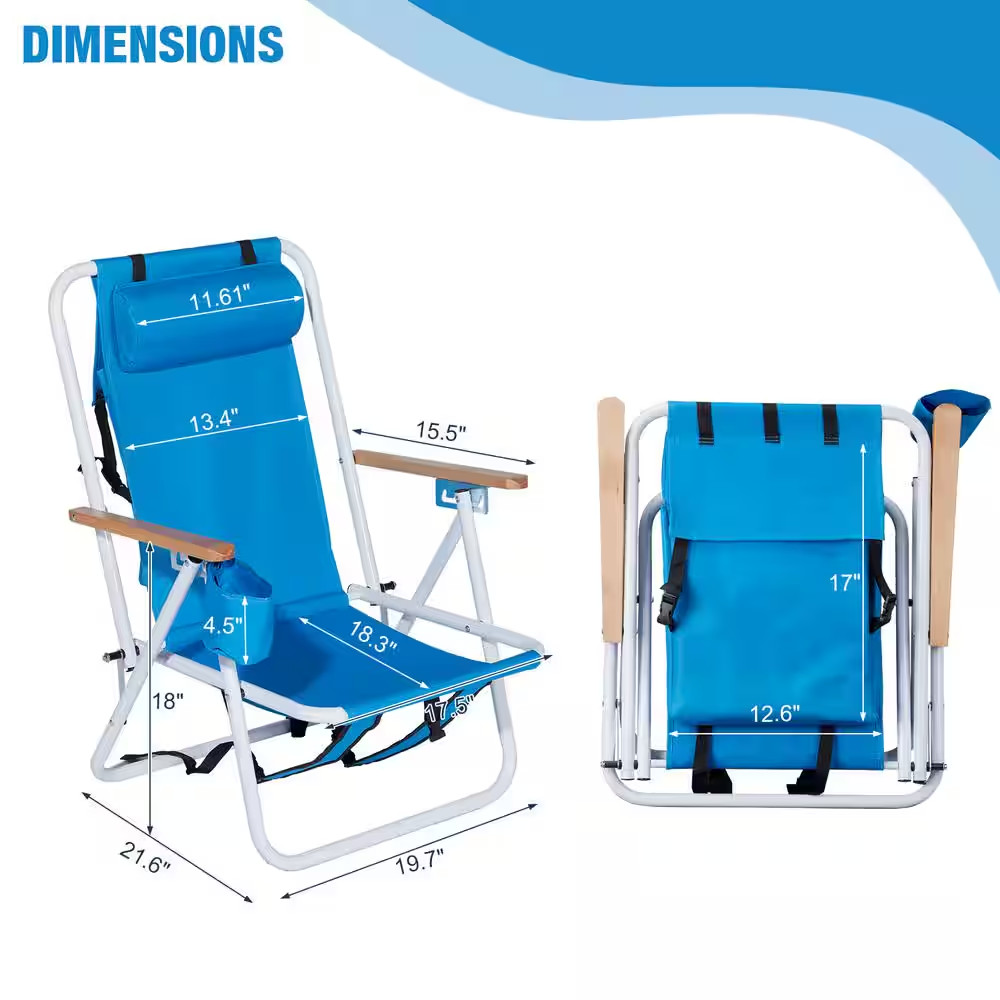 Portable 2 Pack Blue Steel Folding Adjustable Headrest Beach Chair