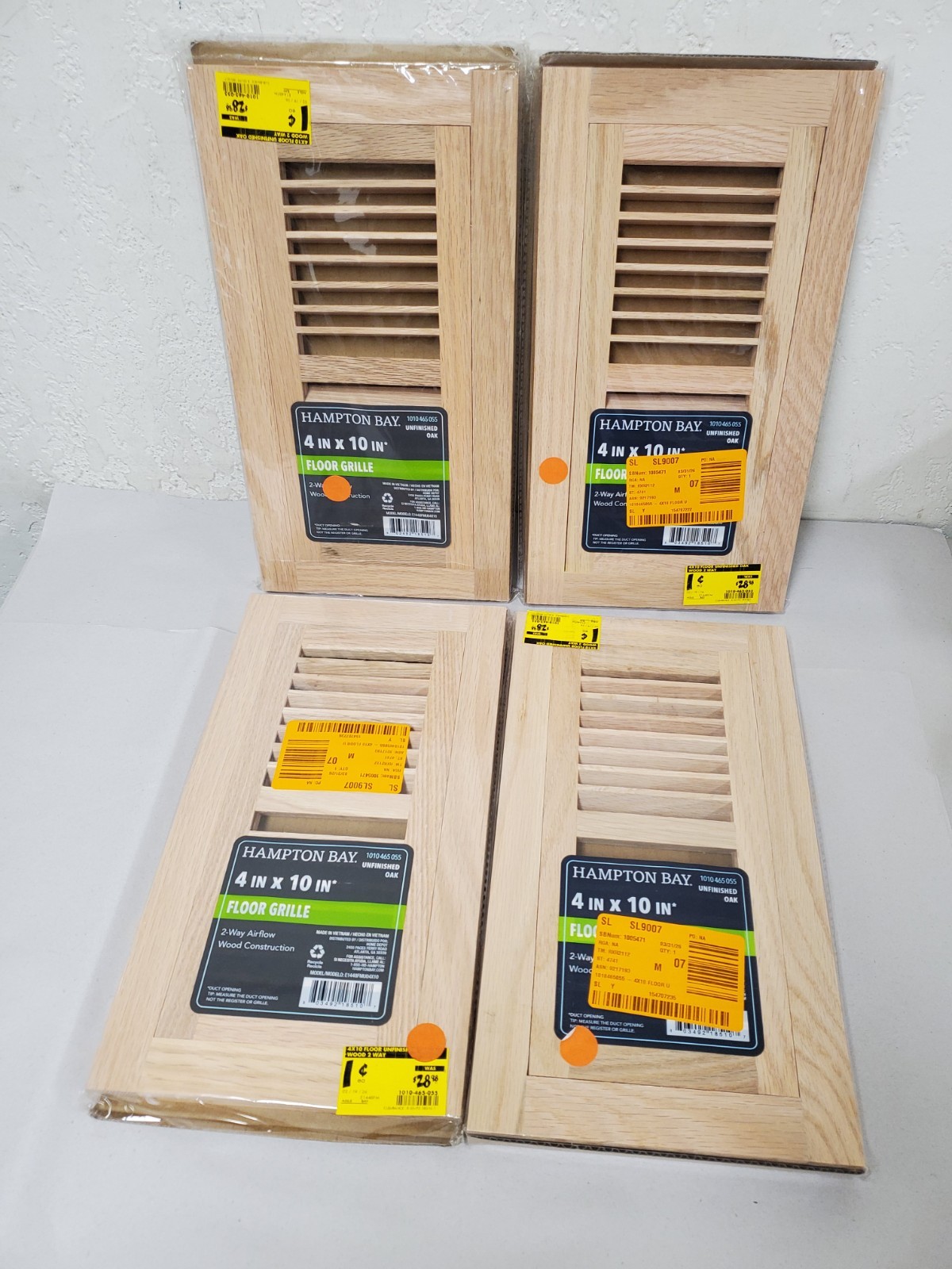 LOT OF 4 Hampton Bay 4 in. x 10 in. Oak Wood Flush Mount Grilles Unfinished Oak