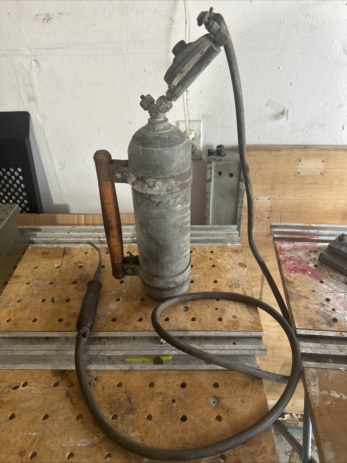 Vintage Prest-O-Lite Steel Acetylene Tank With Bottom Gauge Very Rare
