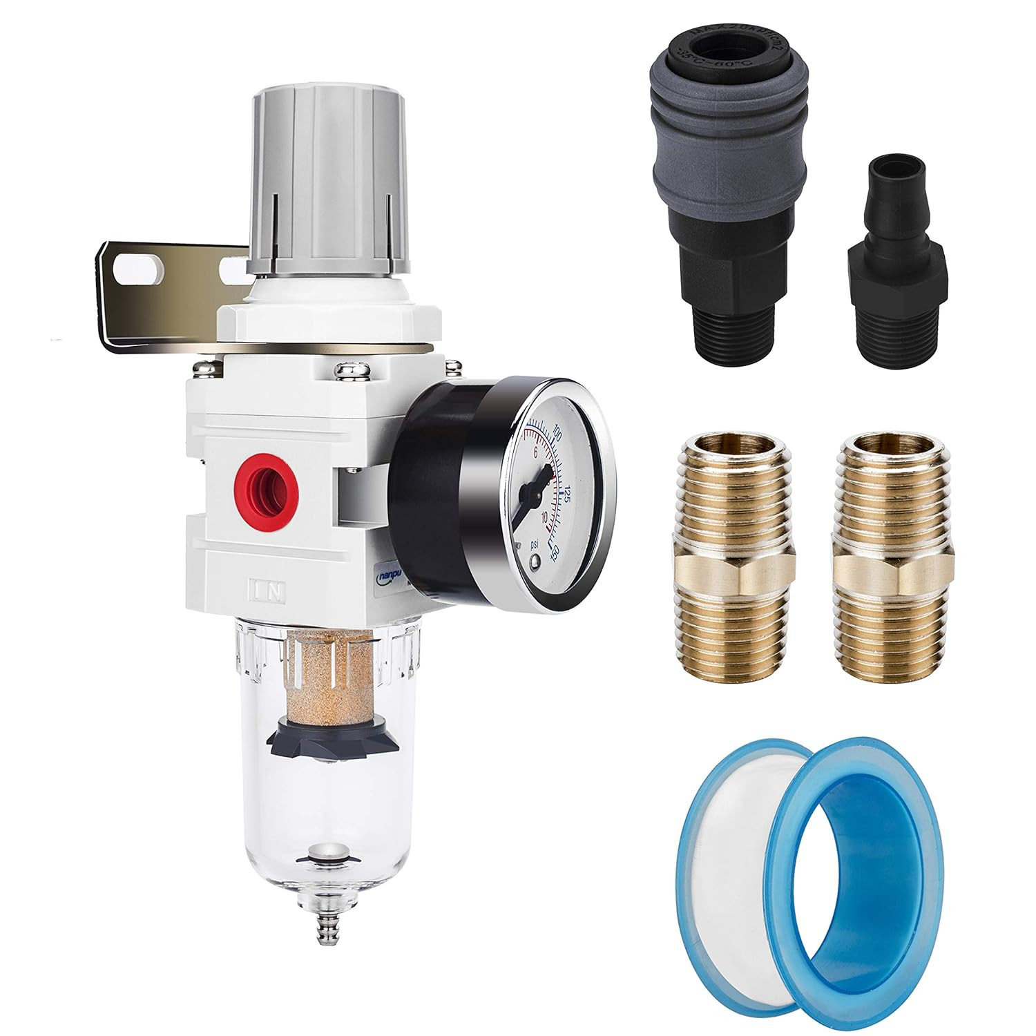 1/4" NPT Compressed Air Filter Regulator Combo Piggyback, 5 Micron Brass Element