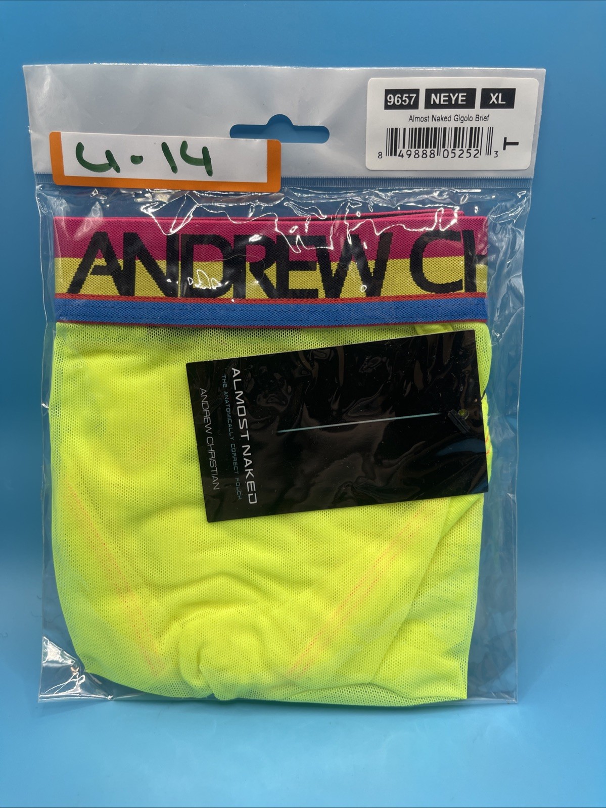 Andrew Christian Almost Naked Tagless Gigolo Brief Yellow Mesh X-Large U14 9657