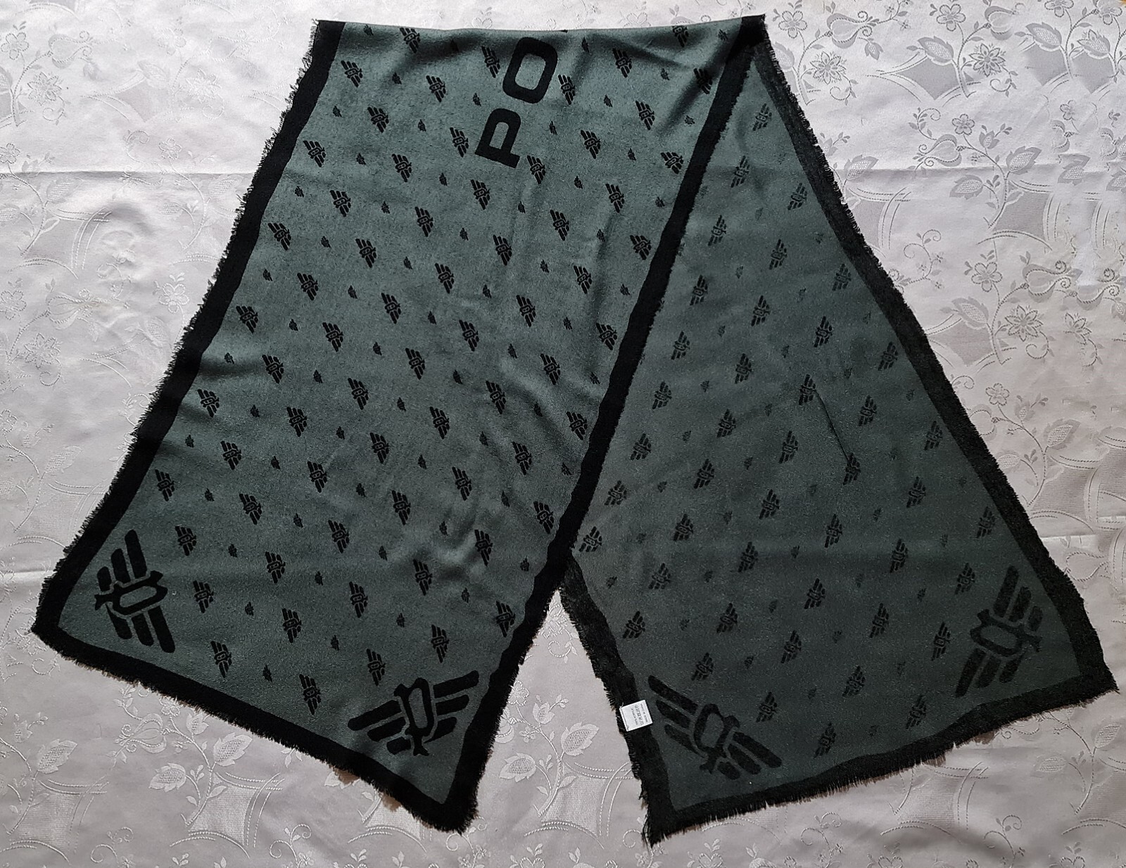 SCARF VINTAGE AUTHENTIC POLICE LOGO GRAY BLACK PERFUME LONG MENS FRINGE