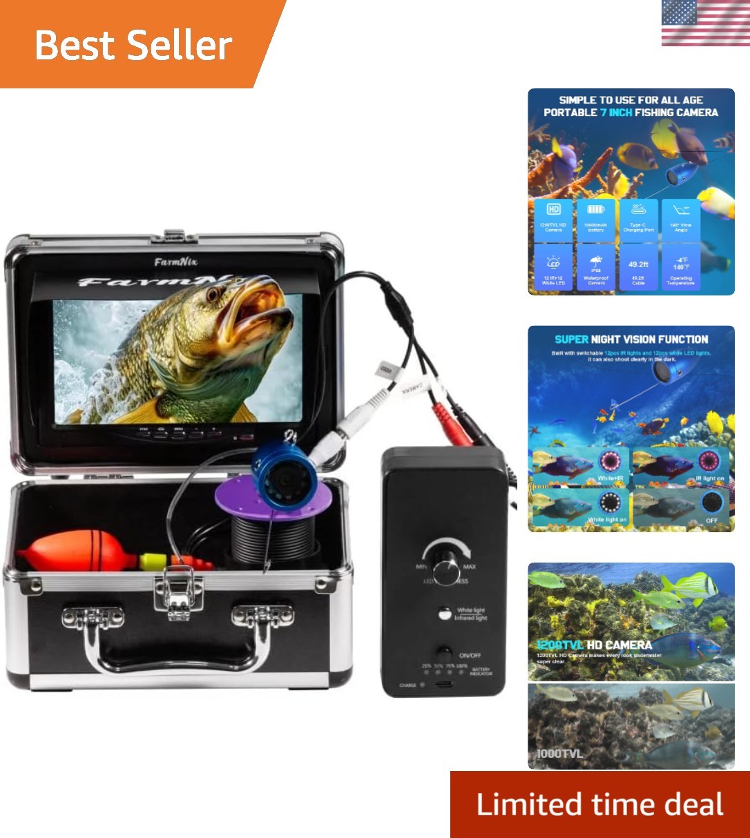 Underwater Fishing Camera 7 inch LCD Monitor Fish Finder Waterproof 1200TVL F...