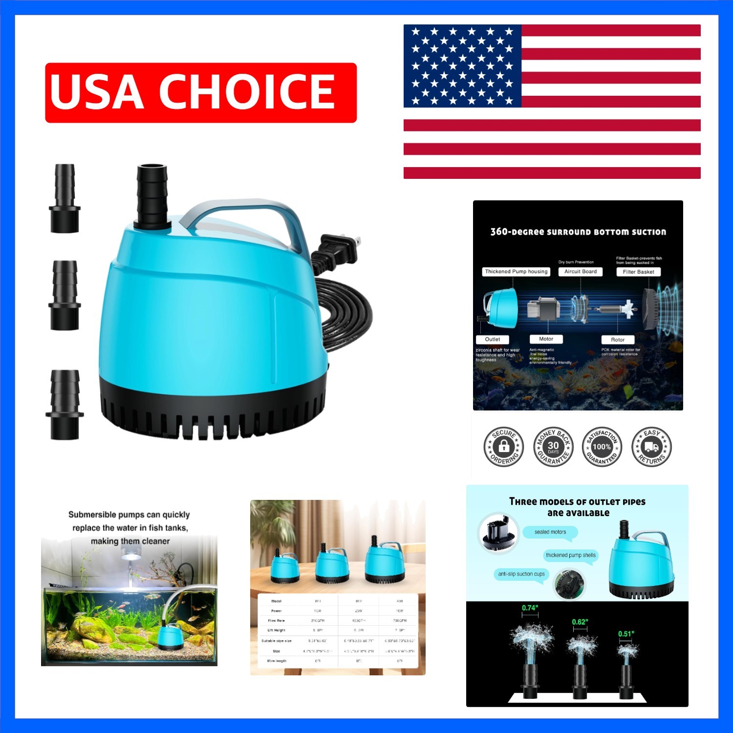 450GPH Submersible Water Pump Ultra Quiet 1700L/H, 25W,Bottom Suction Pond Pu...