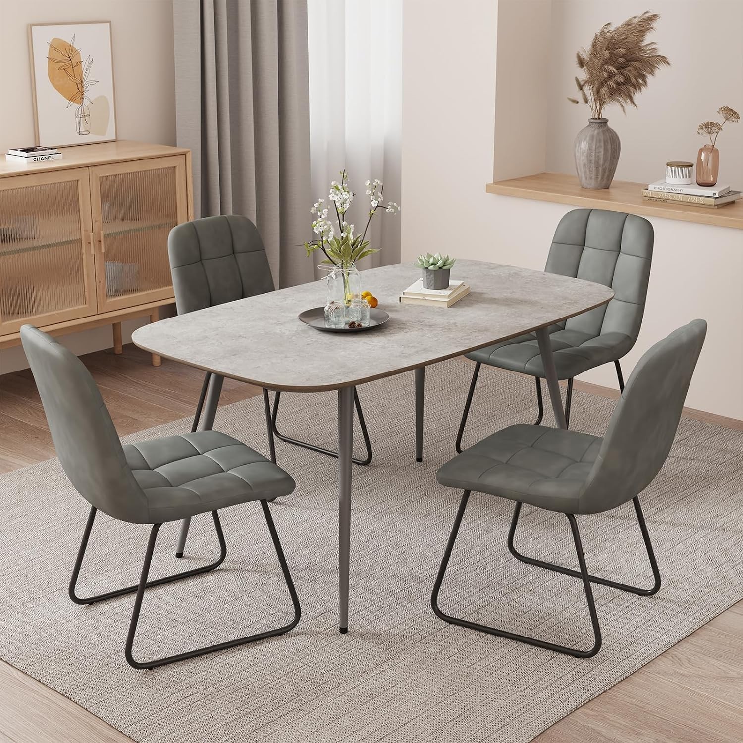 47.2" Modern Farmhouse Dining Table Wooden Rectangular Dining Table with Metal