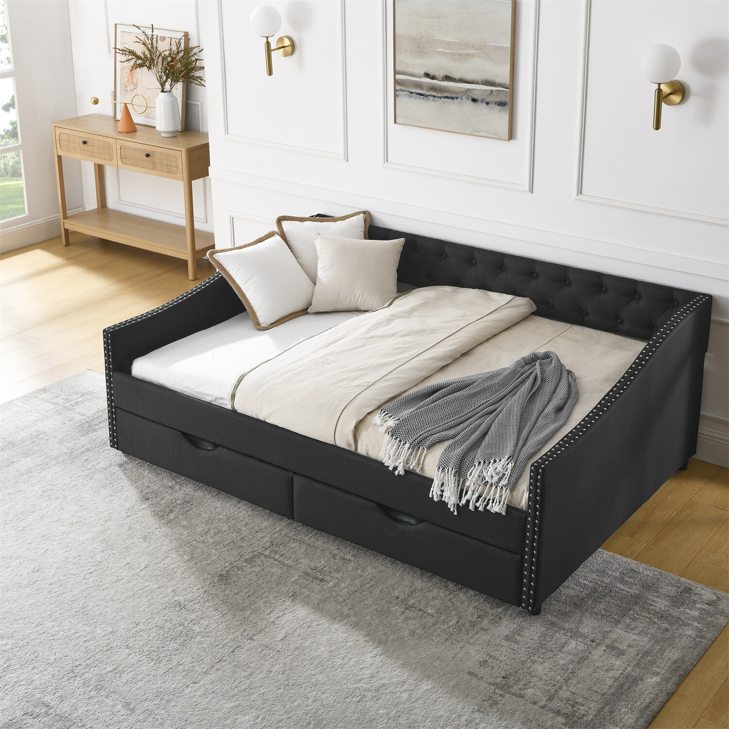 Full Size Daybed Upholstered Bed Frame Sofa Bed w/ 2 Storage Drawer US
