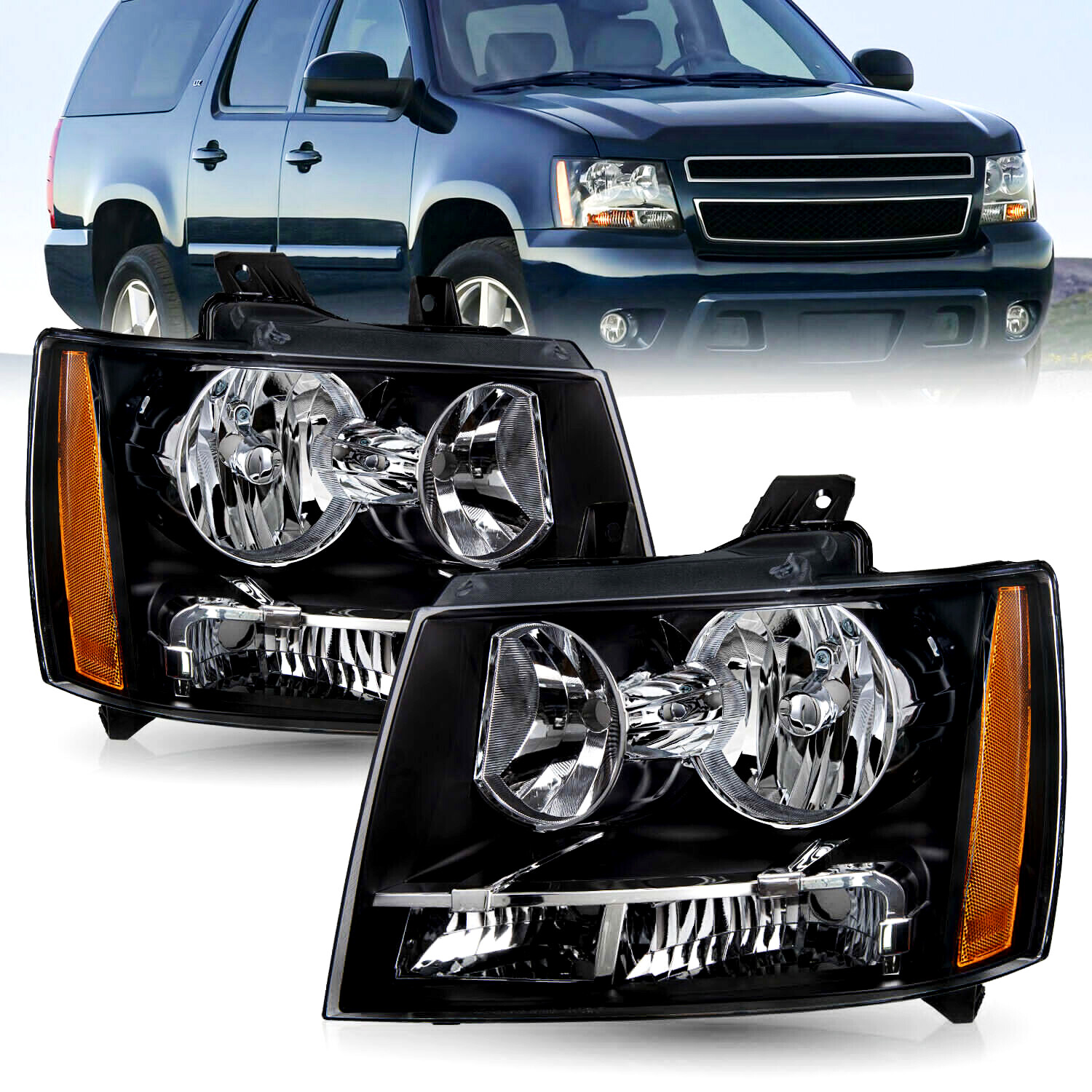 For 2007-2014 Chevy Suburban Tahoe Avalanche Black Amber Corner Headlights Sets