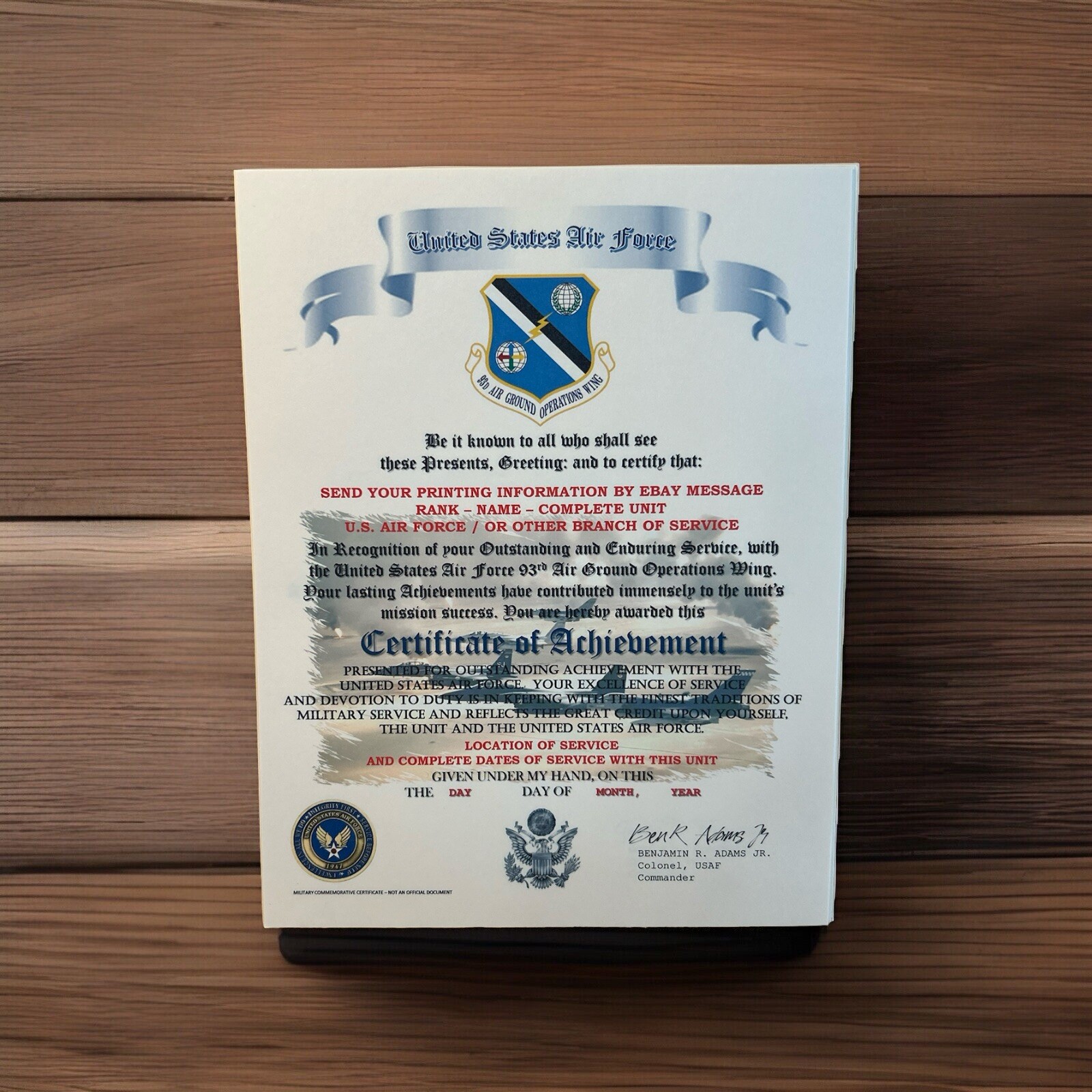 U.S.A.F. / AIR FORCE 93 AIR GROUND OPERATIONS WING - CERTIFICATE OF ACHIEVEMENT