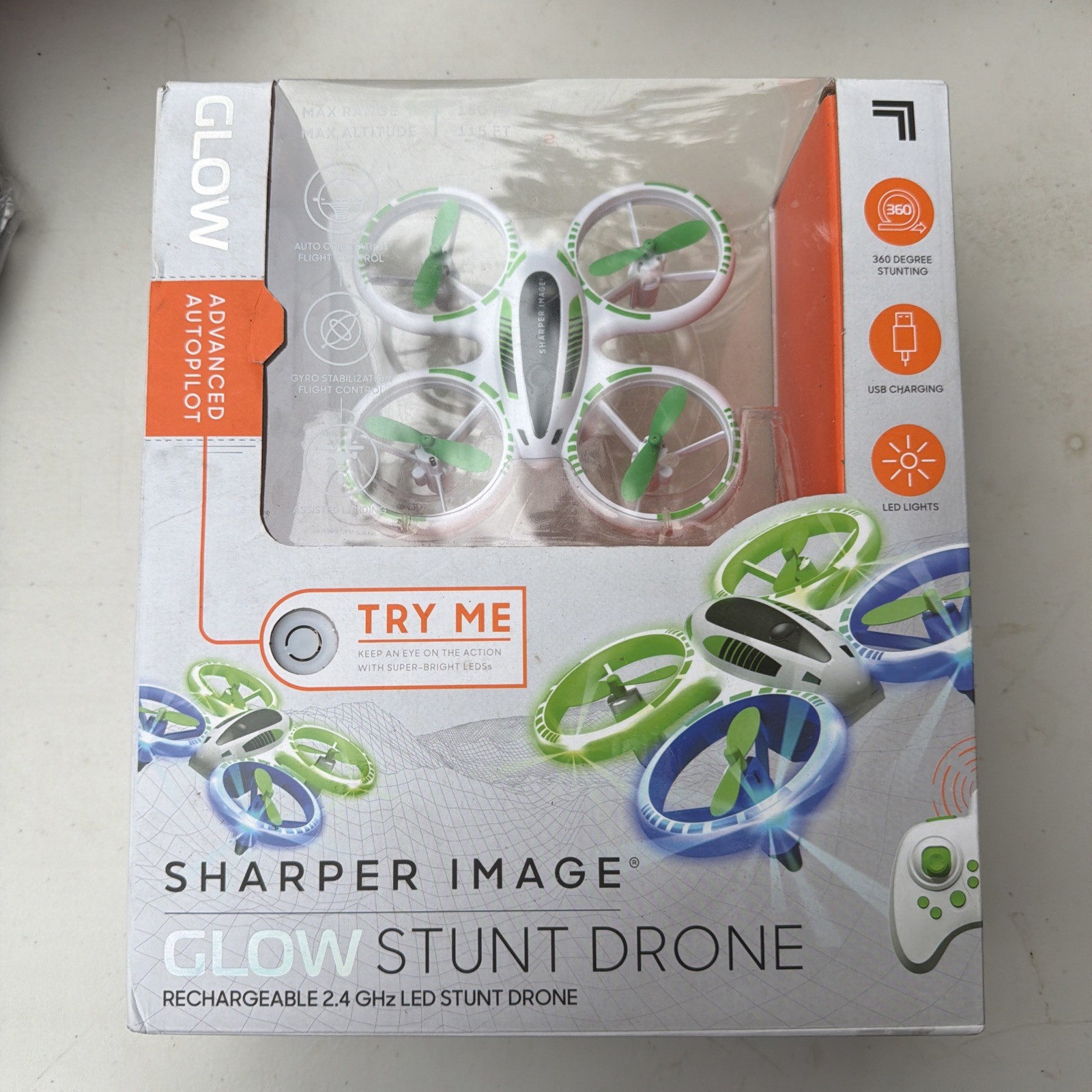 Sharper Image Glow Stunt Drone Rechargeable 2.4 GHz LED Quadcopter - 1012182 NIB
