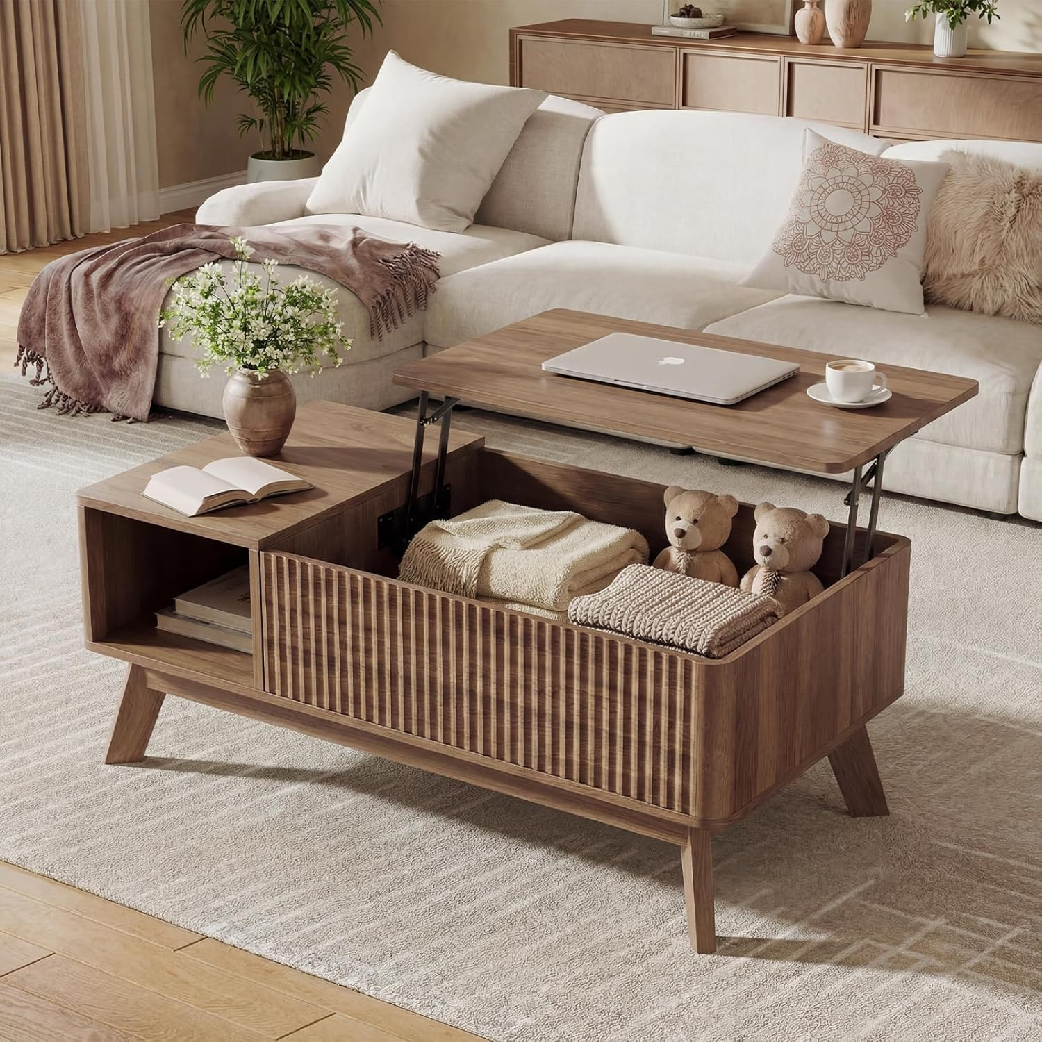 Fluted Coffee Table with Hidden Storage,Modern Wood Coffeetable with Open Shelf,