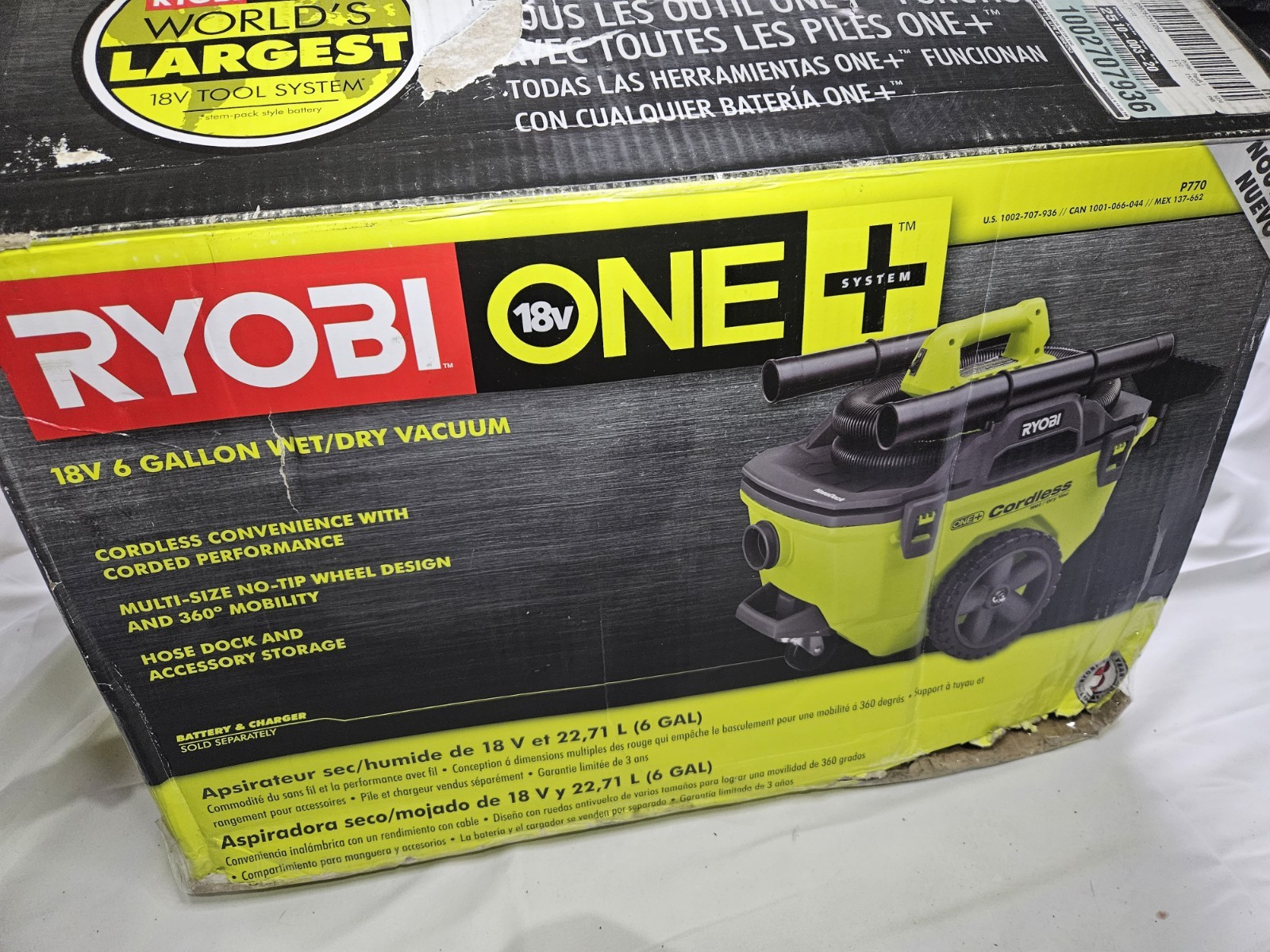 Ryobi P770 18V 6 Gal. Cordless Wet/Dry Vacuum