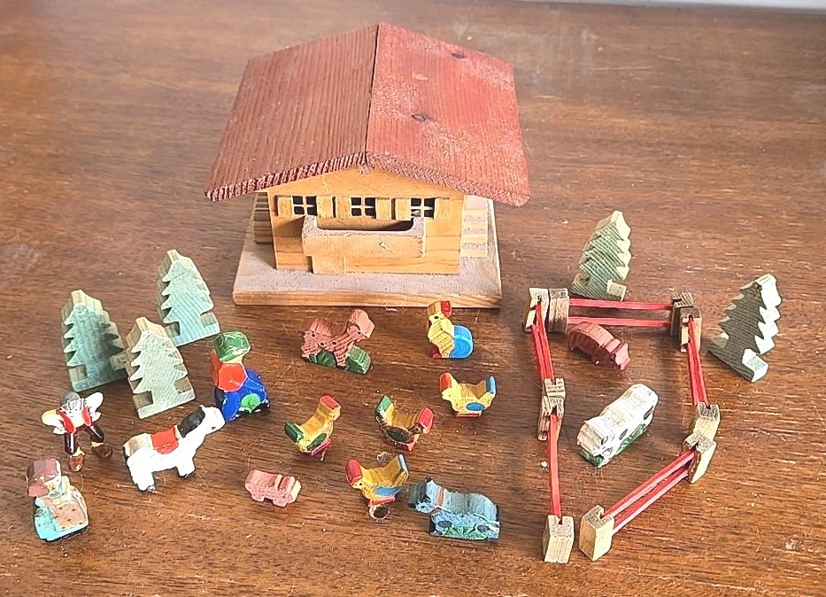 Vtg Handmade Wooden Farmhouse With People Animals & Accessories